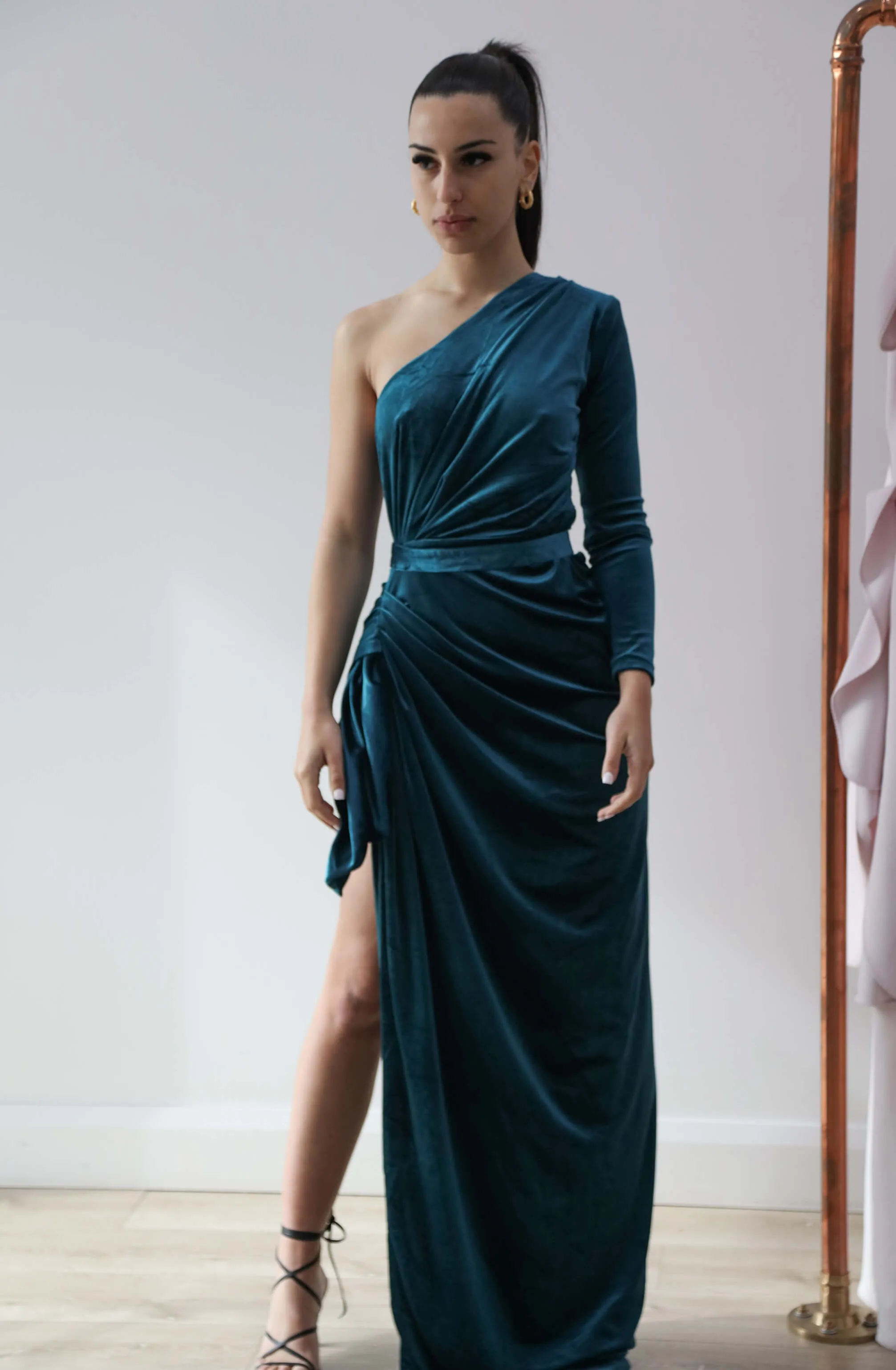 Enigma Teal Velvet Gown by Lia Stublla
