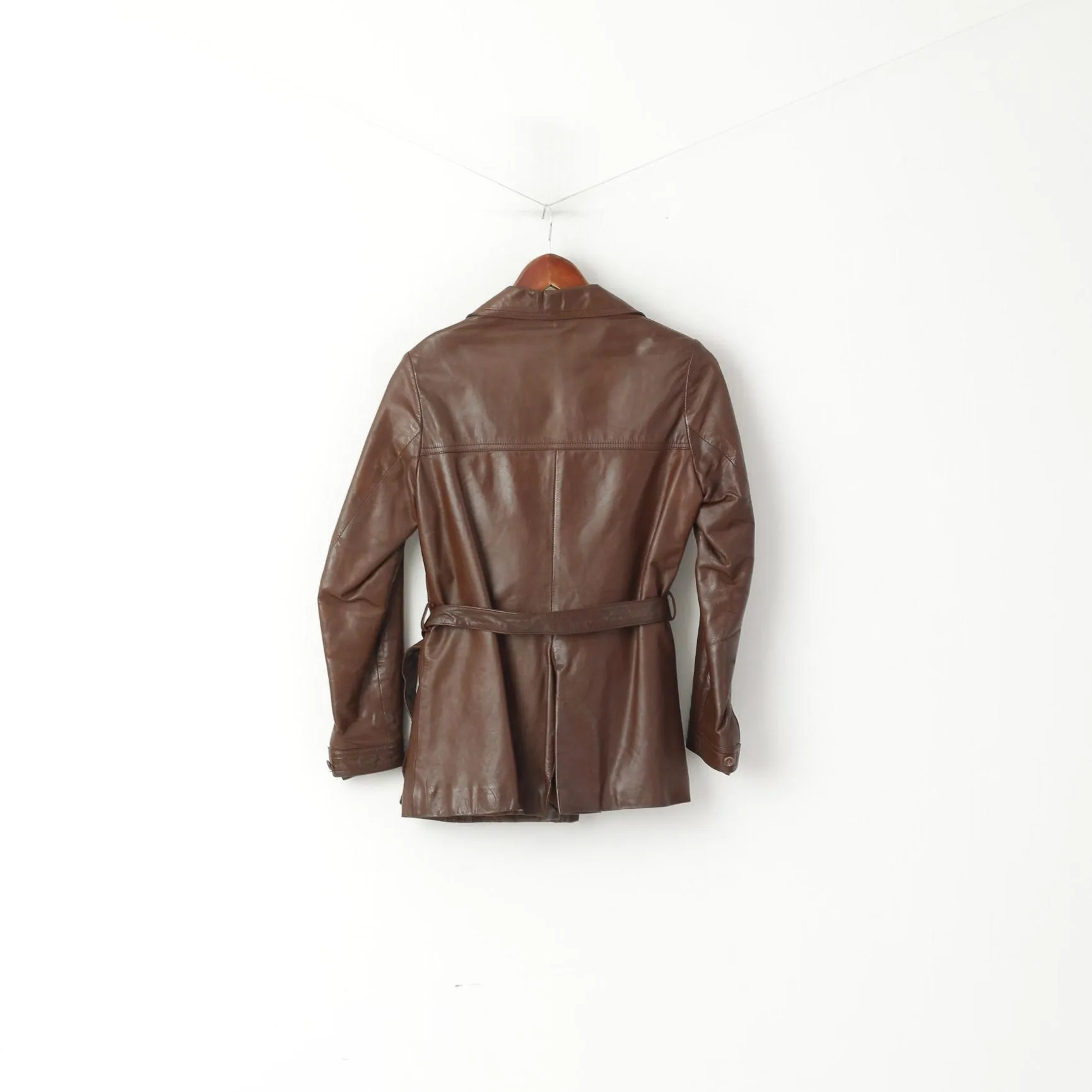 Ericson of Sweden Women 38 S Jacket Brown Leather Shiny Vintage Belted Single Breasted Top