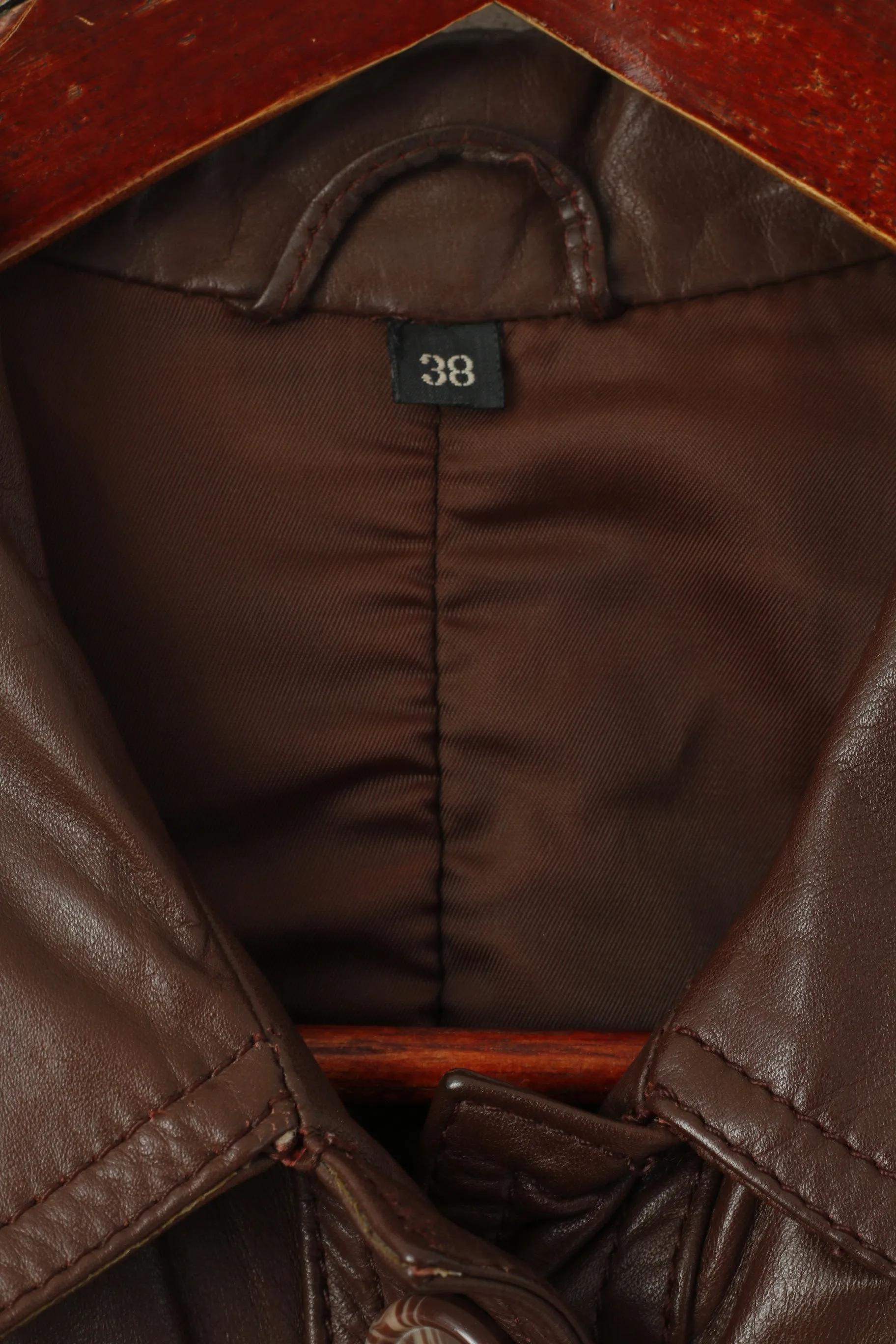 Ericson of Sweden Women 38 S Jacket Brown Leather Shiny Vintage Belted Single Breasted Top