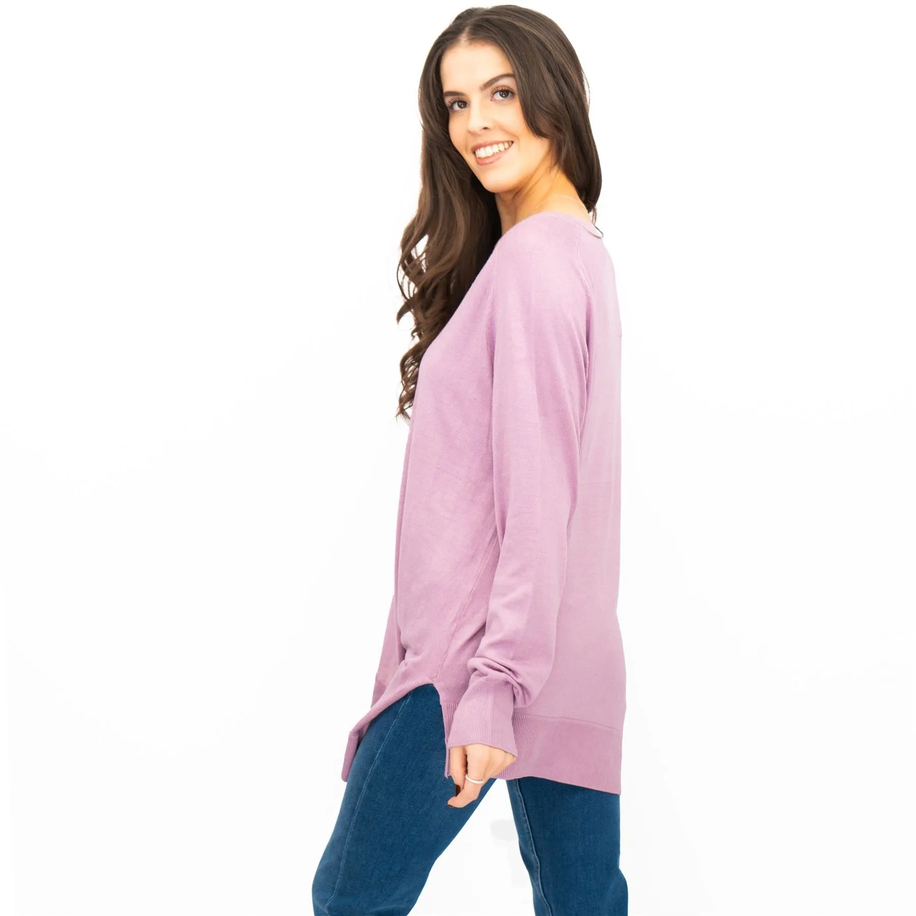 Evans Womens Asymmetric Top Lilac Longline Crew Neck Long Sleeve Relaxed Fit