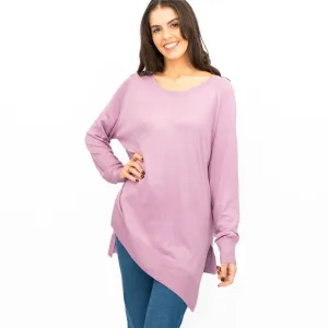 Evans Womens Asymmetric Top Lilac Longline Crew Neck Long Sleeve Relaxed Fit