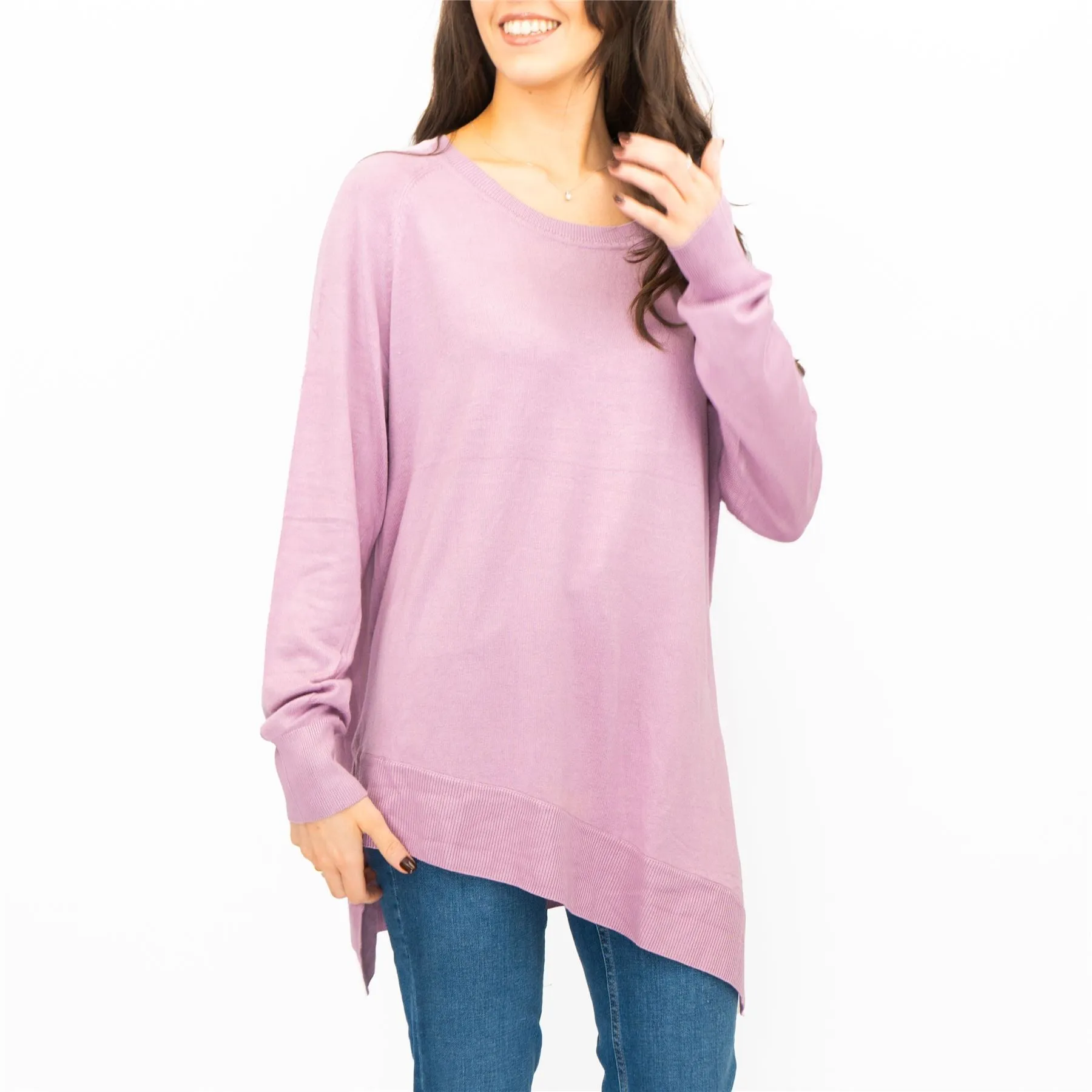 Evans Womens Asymmetric Top Lilac Longline Crew Neck Long Sleeve Relaxed Fit