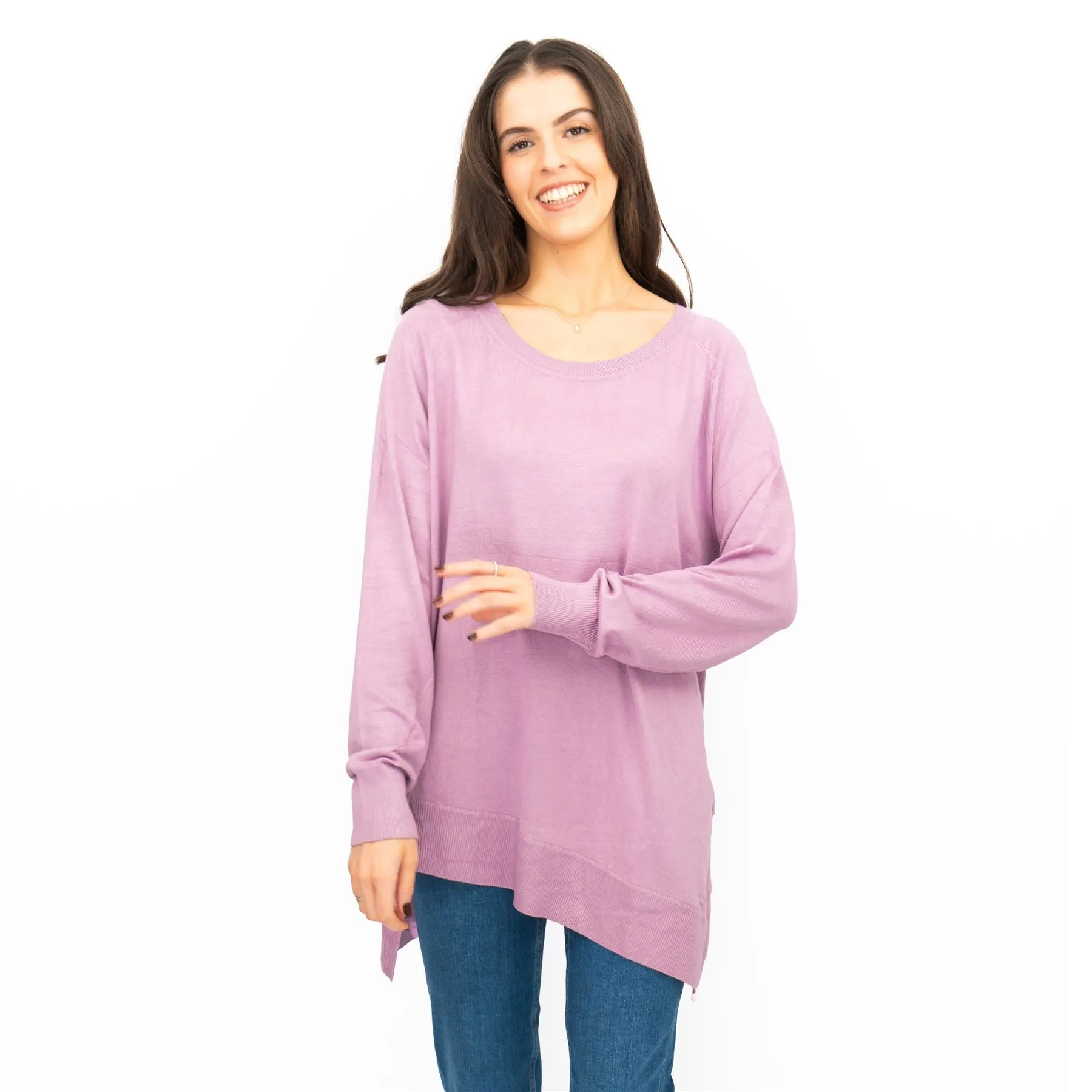 Evans Womens Asymmetric Top Lilac Longline Crew Neck Long Sleeve Relaxed Fit