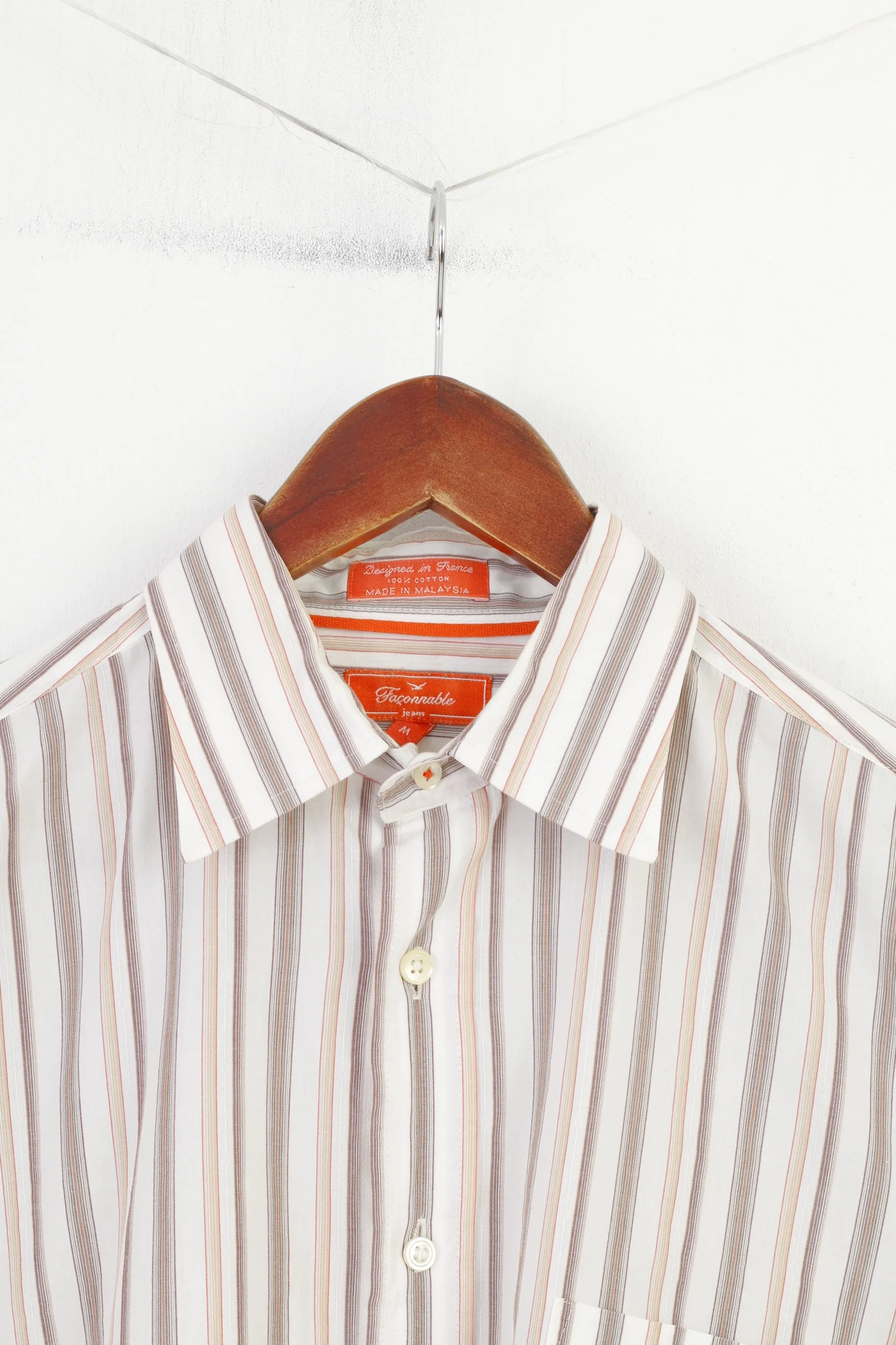 Faconnable Jeans Men M Casual Shirt Striped White Long Sleeve Cotton Classic Top