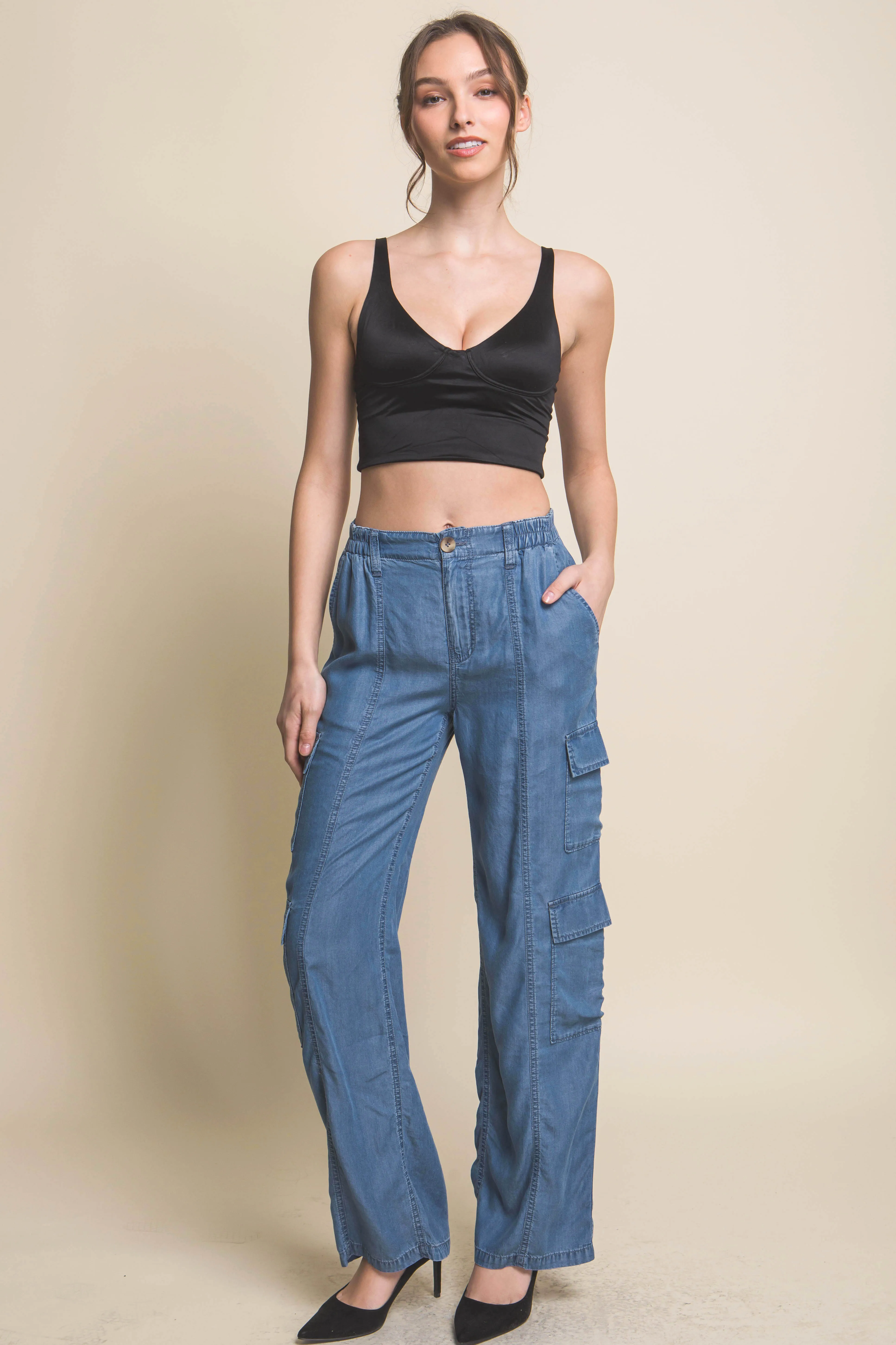 FASHNZFAB Full-length Tencel Pants With Cargo Pockets
