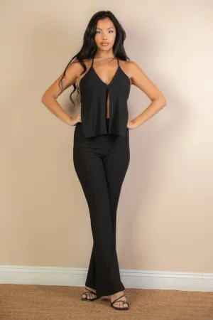 FASHNZFAB Women's Split Front Backless Halter Top & Flare Pants Set