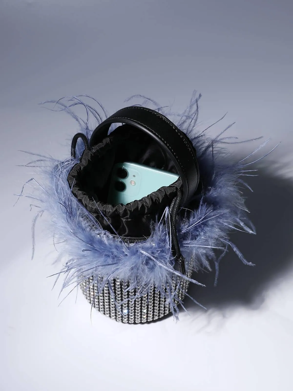 FEATHER RHINESTONE BUCKET BAG IN BLUE Gloria Lanvin