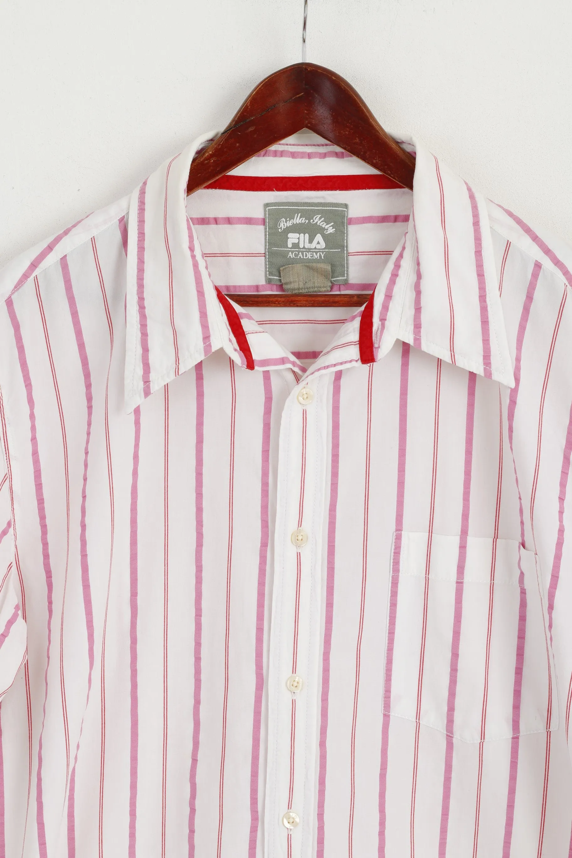 Fila Academy Men XL Casual Shirt White Pink Striped Biella Italy Cotton Top
