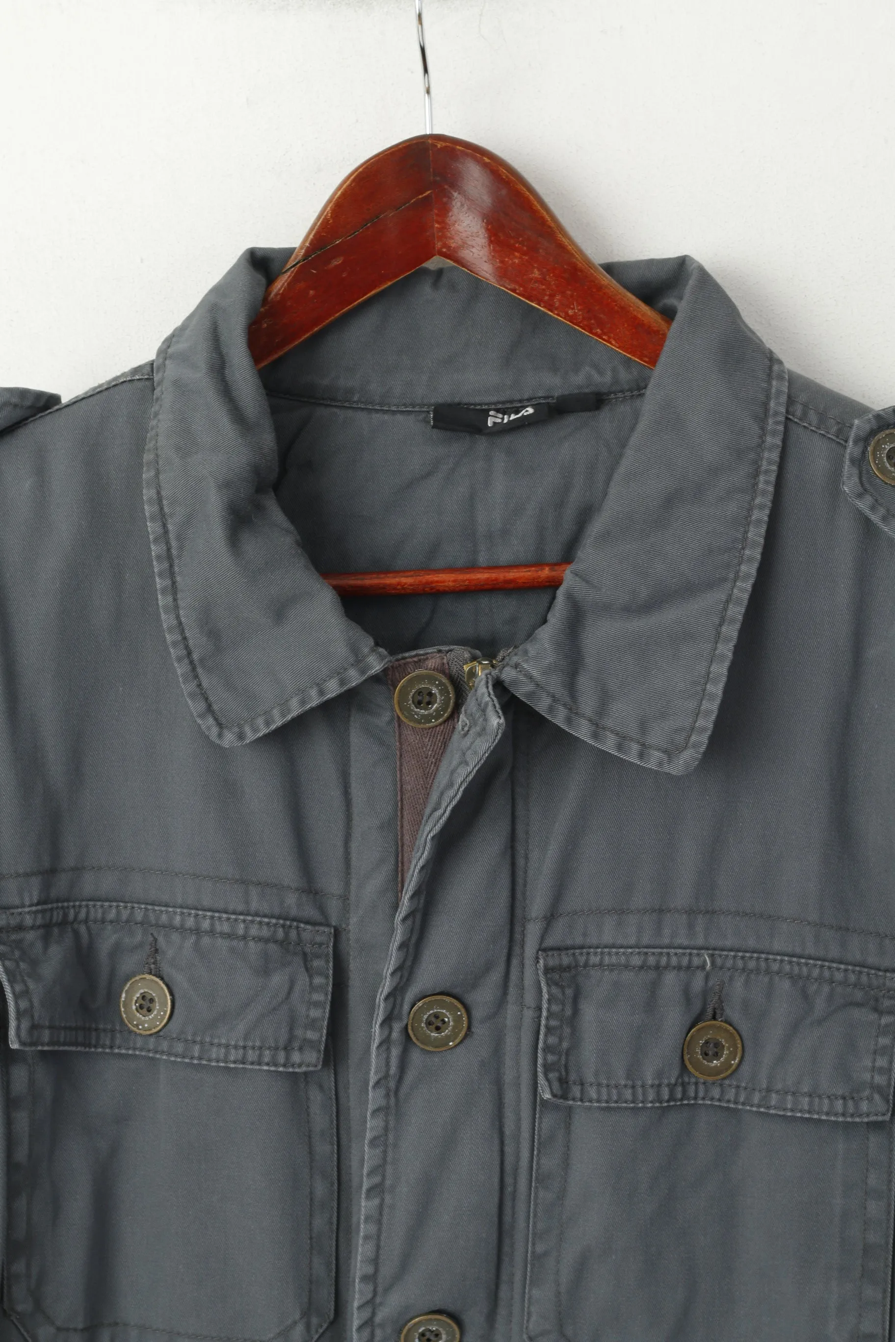 FILA Men XL (M) Jacket Grey Cotton Padded Full Zipper Military Pockets Classic Top