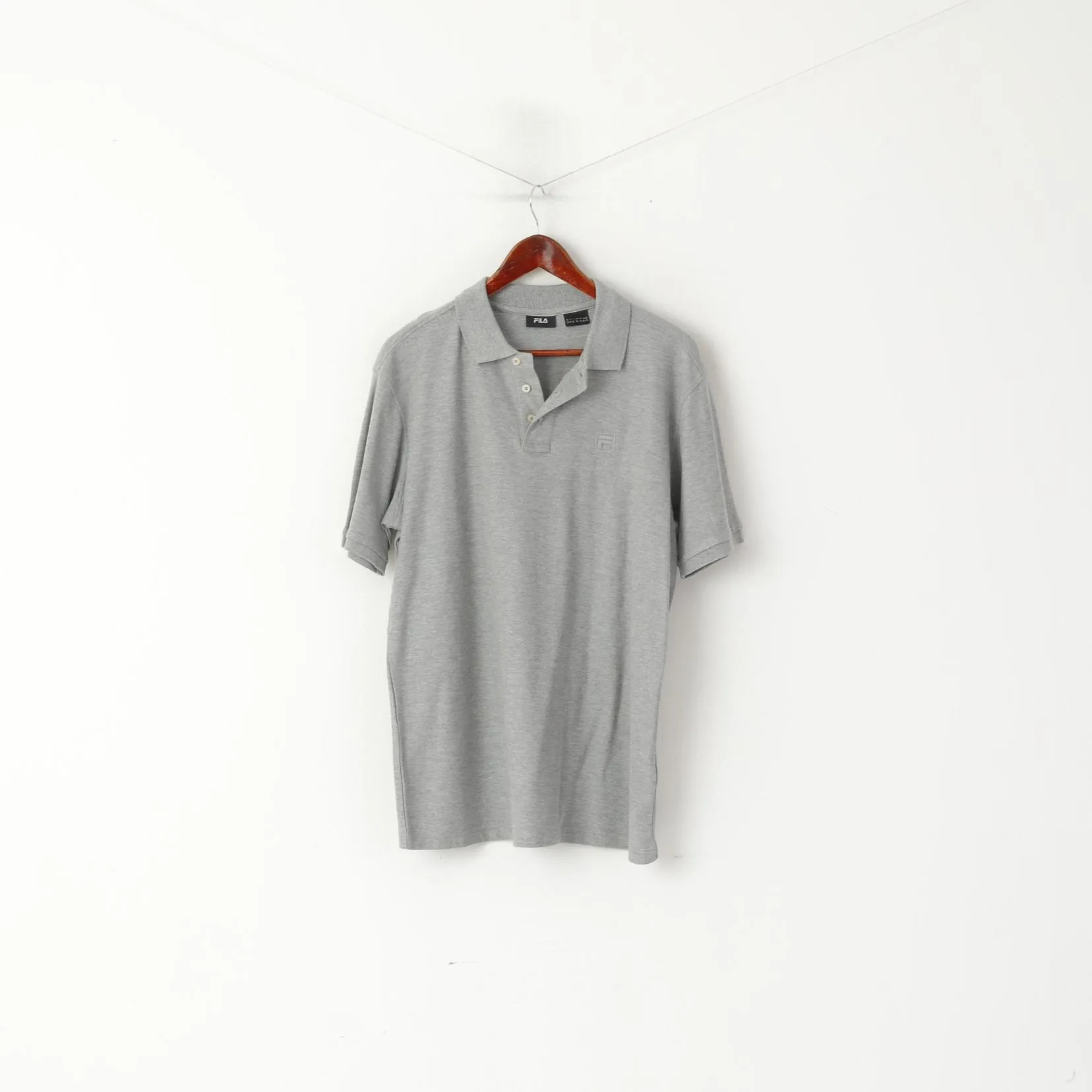 Fila Men XL Polo Shirt Grey Cotton Plain Sportswear Short Sleeve Detailed Buttons Top
