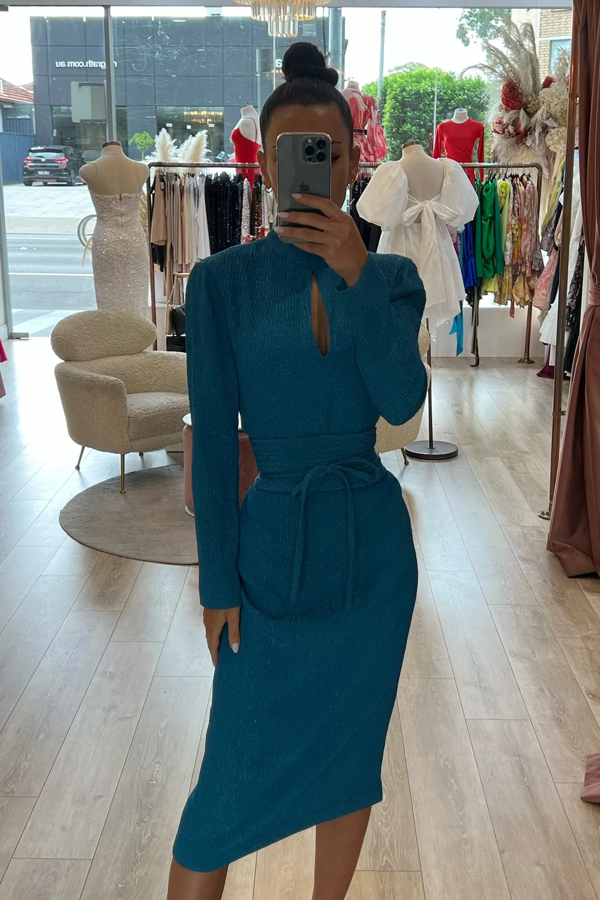 FINAL SALE: Stretch Reptile L-Sleeve Dress Teal by Scanlan Theodore