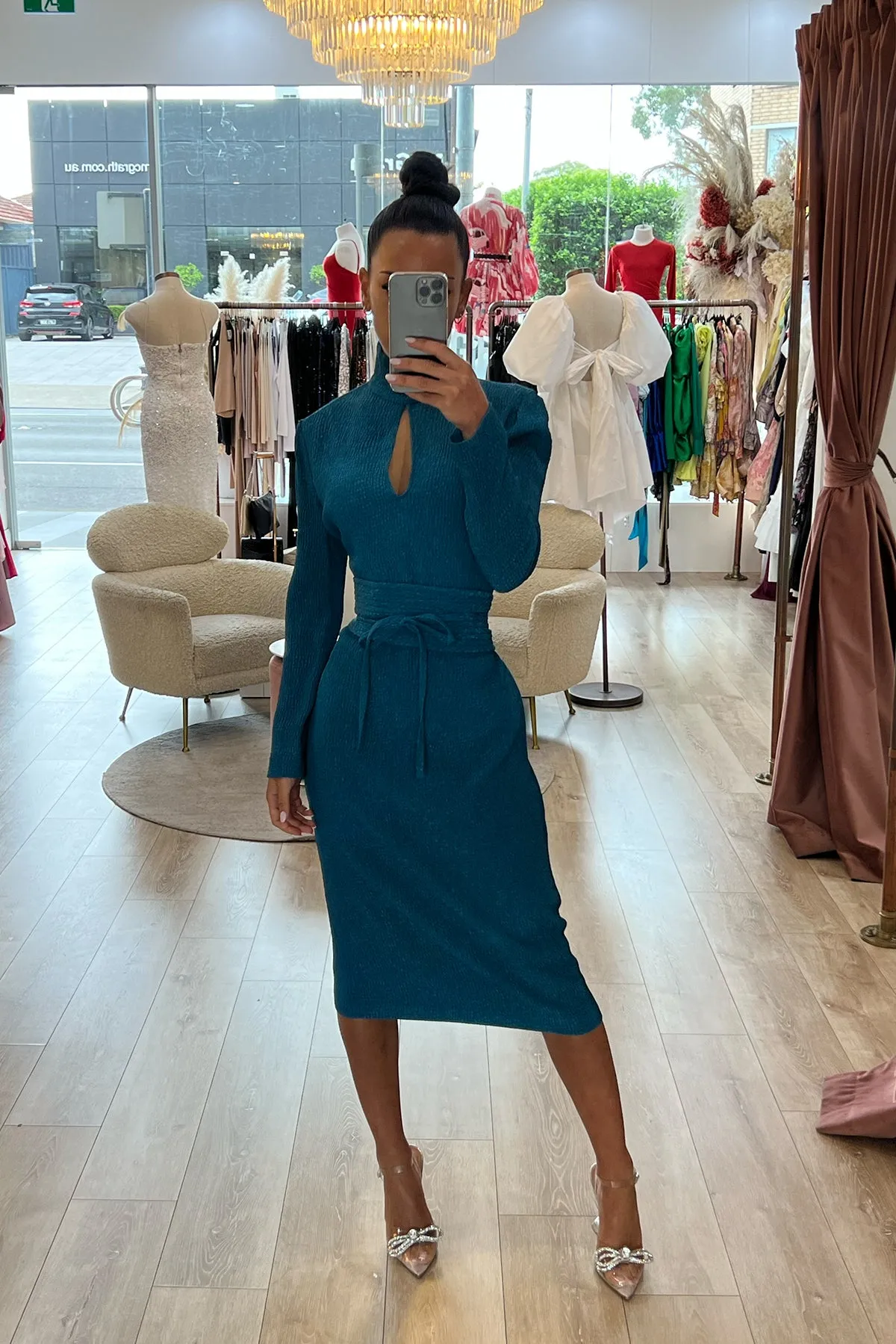 FINAL SALE: Stretch Reptile L-Sleeve Dress Teal by Scanlan Theodore