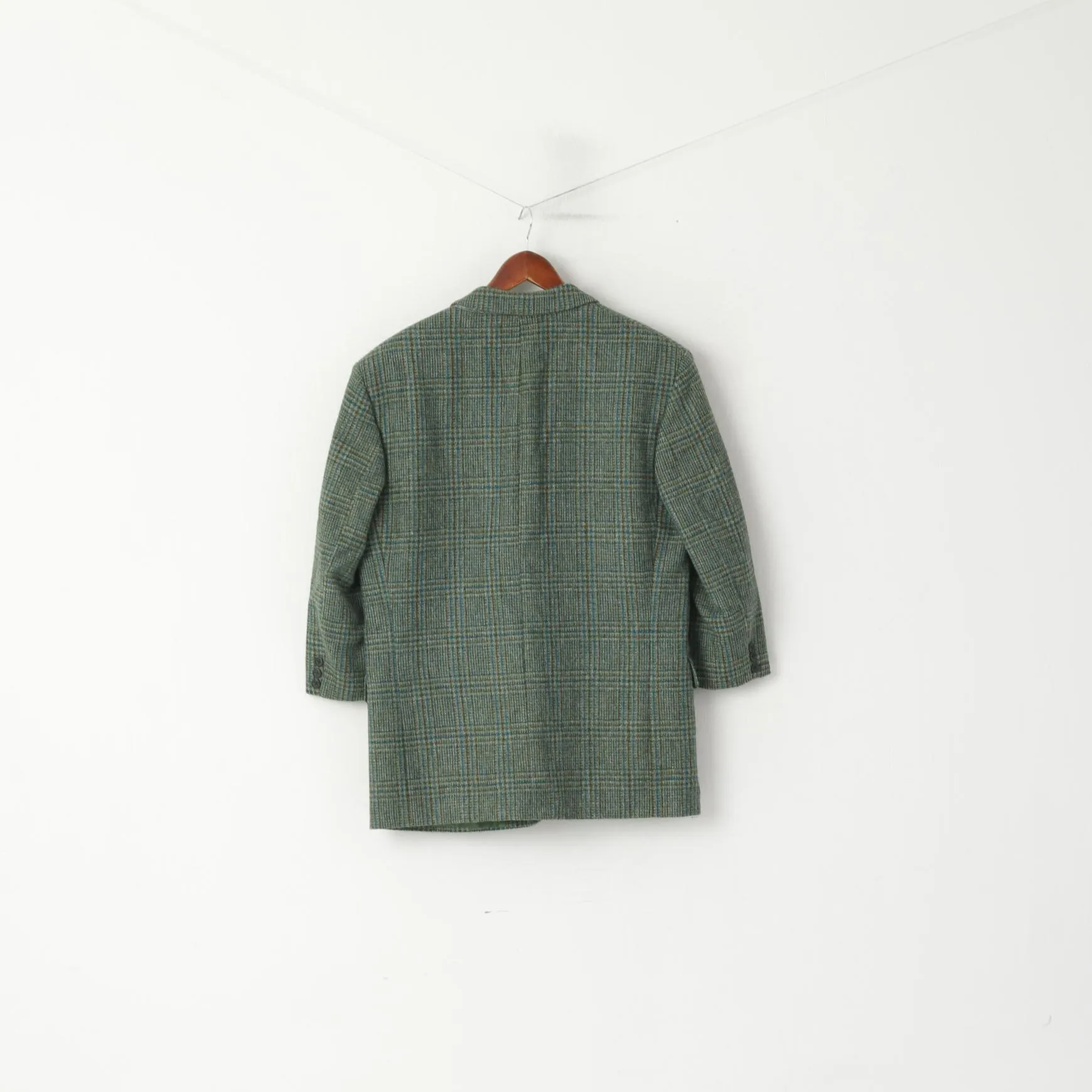 Fine Scottish Cloth By Kynoch Men 40 50 Blazer Green Wool Check Vintage 2/3 Sleeve Jacket