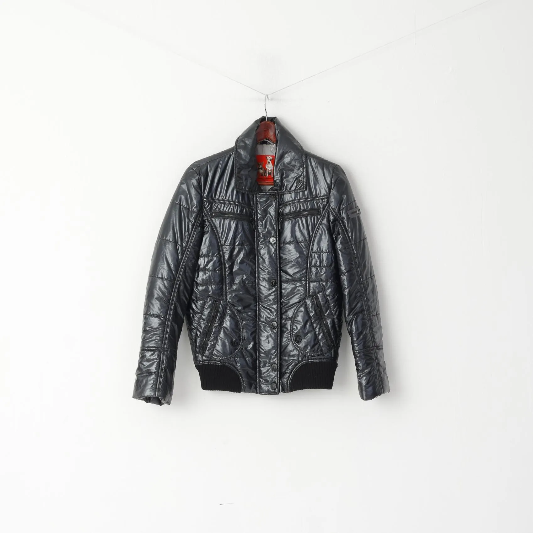 FRIEDA & FREDDIES Women 36 S Jacket Black Quilted Shiny Nylon Zip Up Top