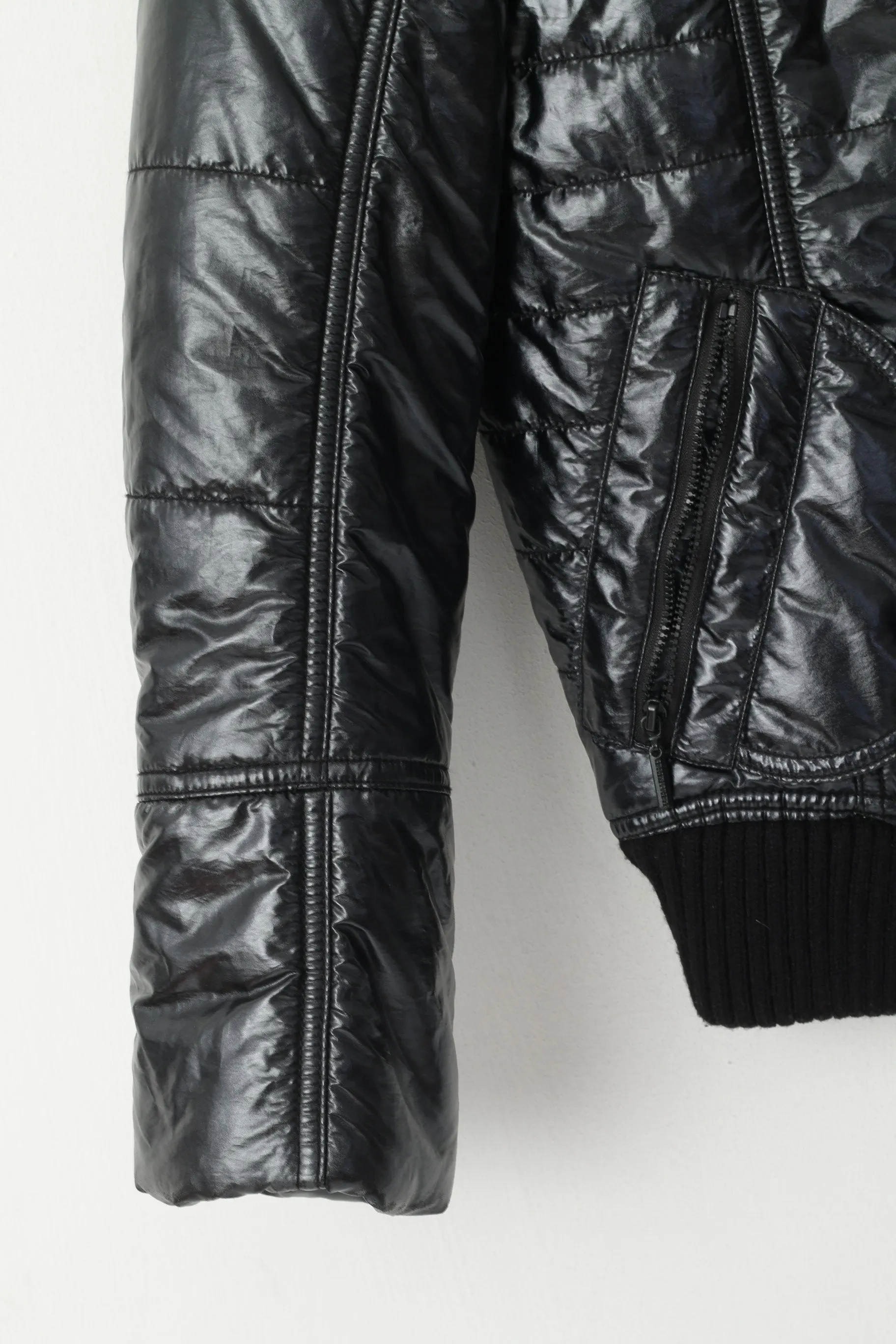 FRIEDA & FREDDIES Women 36 S Jacket Black Quilted Shiny Nylon Zip Up Top