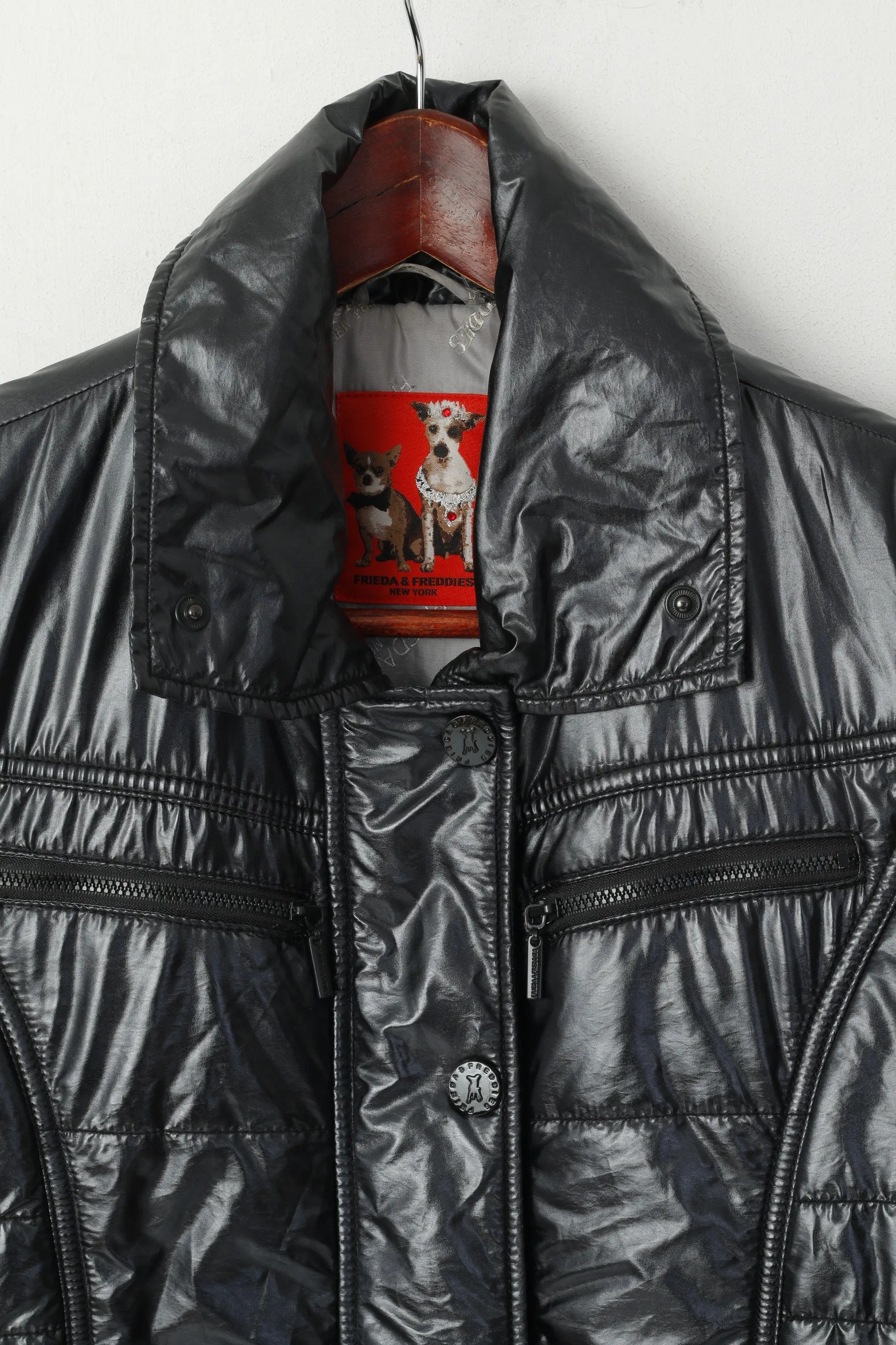 FRIEDA & FREDDIES Women 36 S Jacket Black Quilted Shiny Nylon Zip Up Top