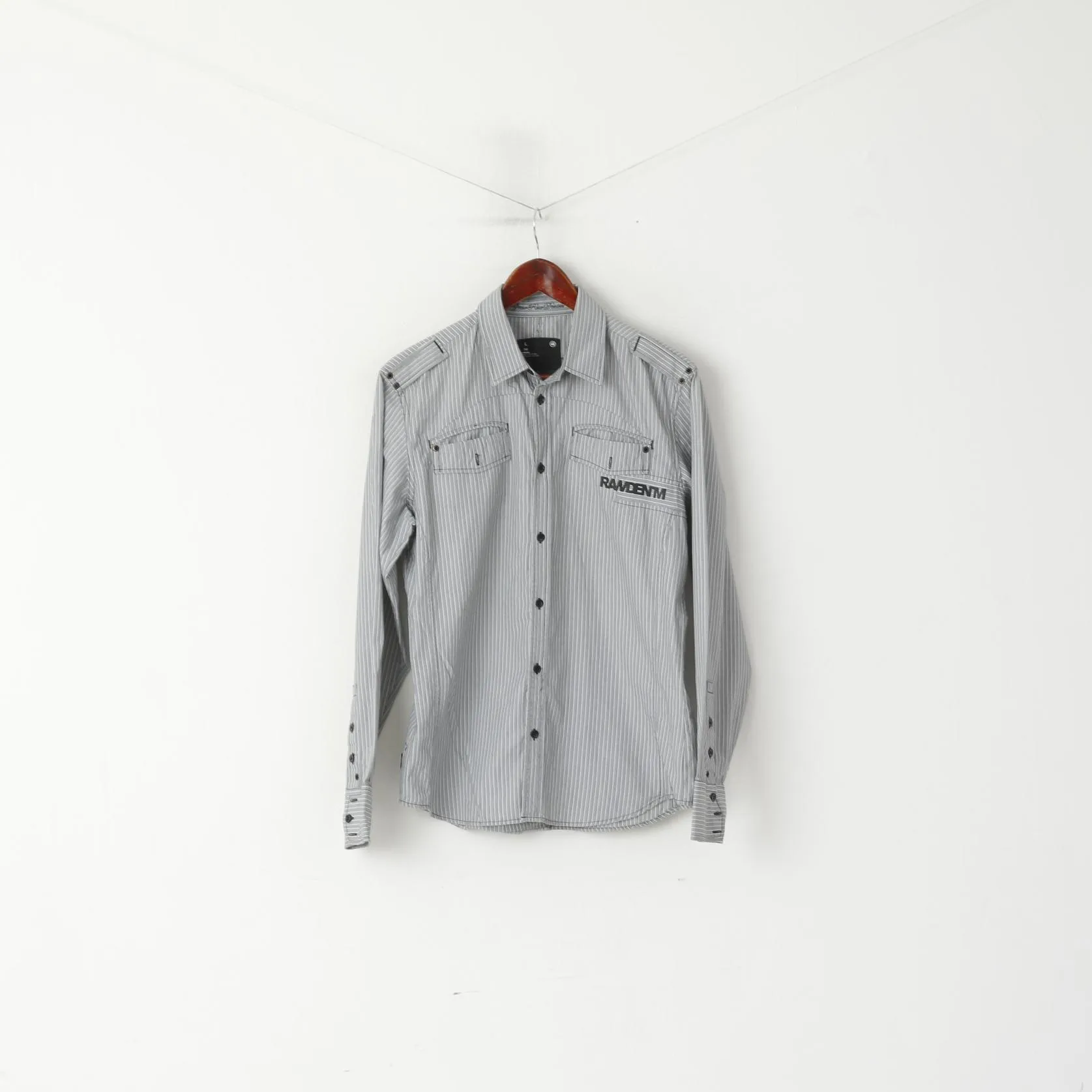 G-Star Raw Men L Casual Shirt Grey Striped Cotton Pocket Slim Fit Long Sleeve Top