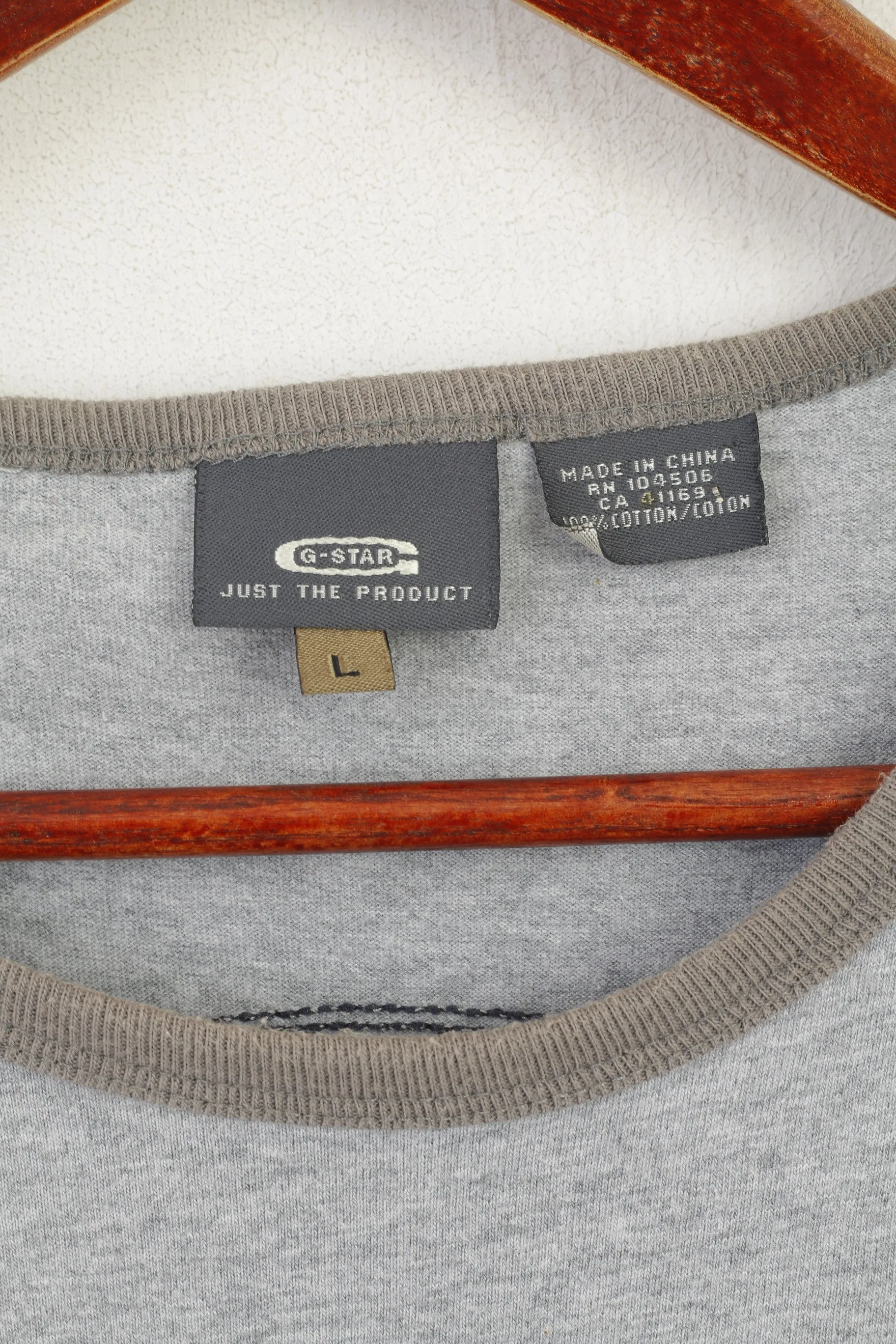 G-Star Raw Men L Shirt Grey Cotton Graphic Emroidered Crew Neck Classic Top