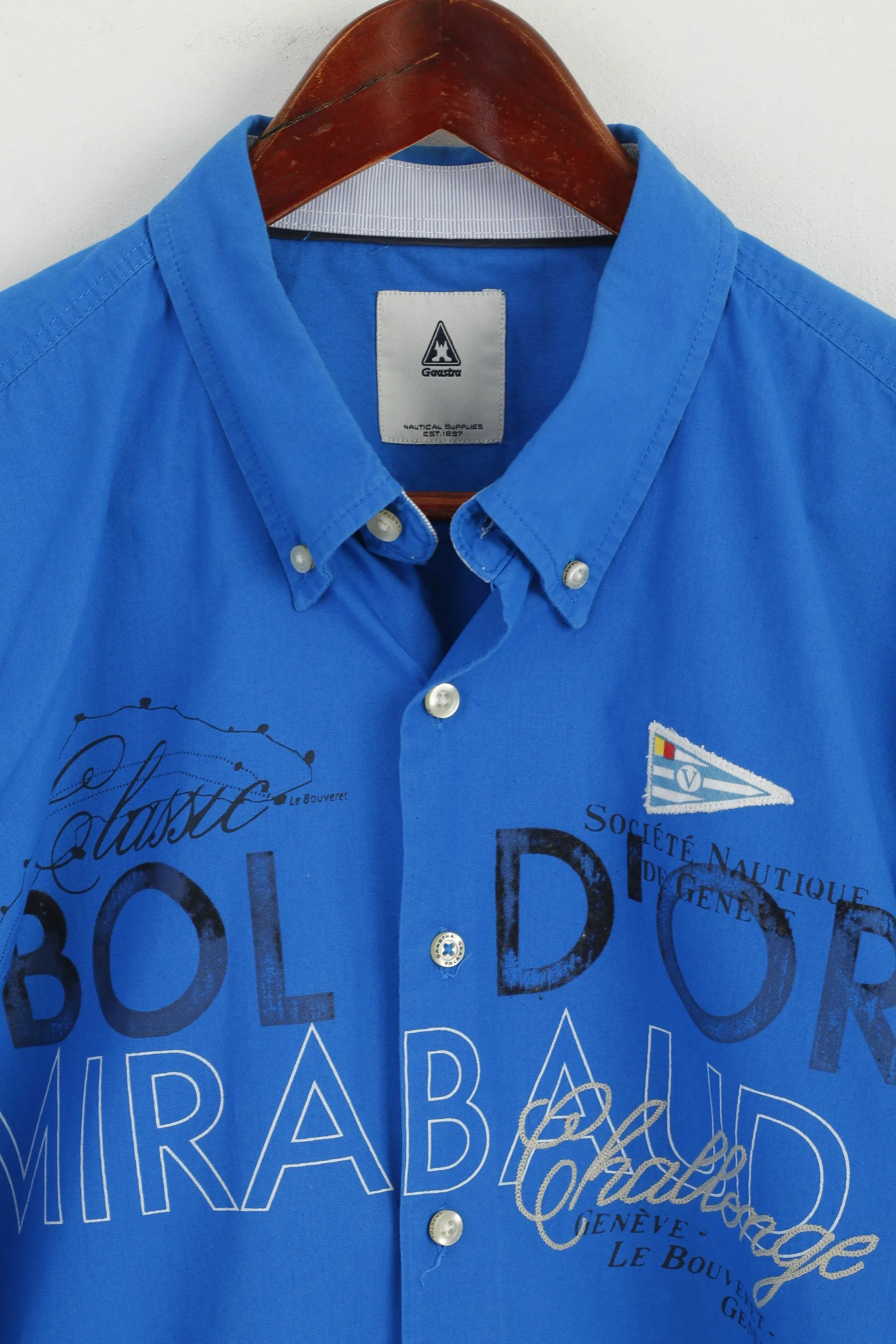 Gaastra Men XL Casual Shirt Blue Cotton Emroidered Port Noir Yachtclub Geneve Top