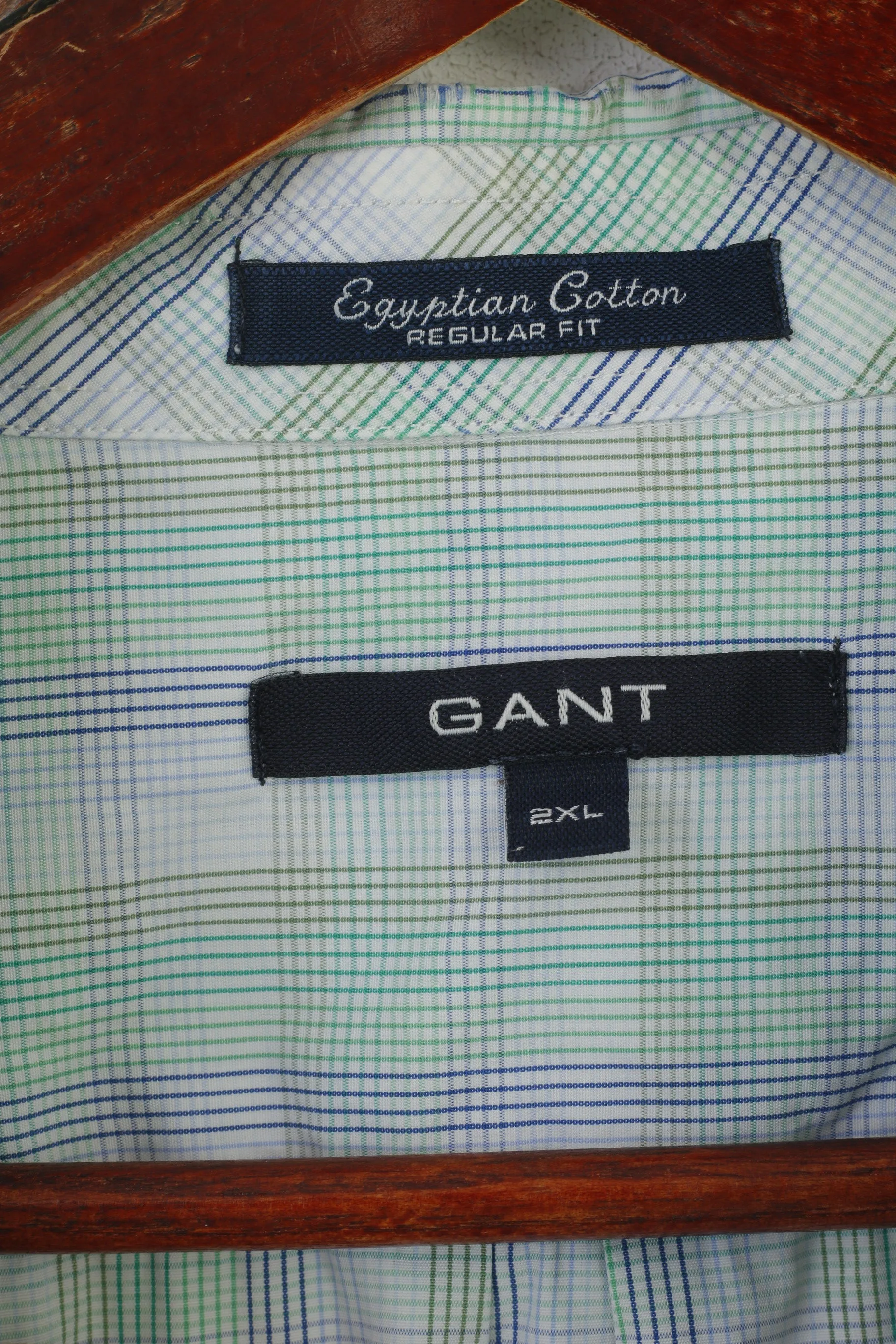 Gant Men 2XL Casual Shirt Green Blue Check Egyptian Cotton Regular Long Sleeve Top