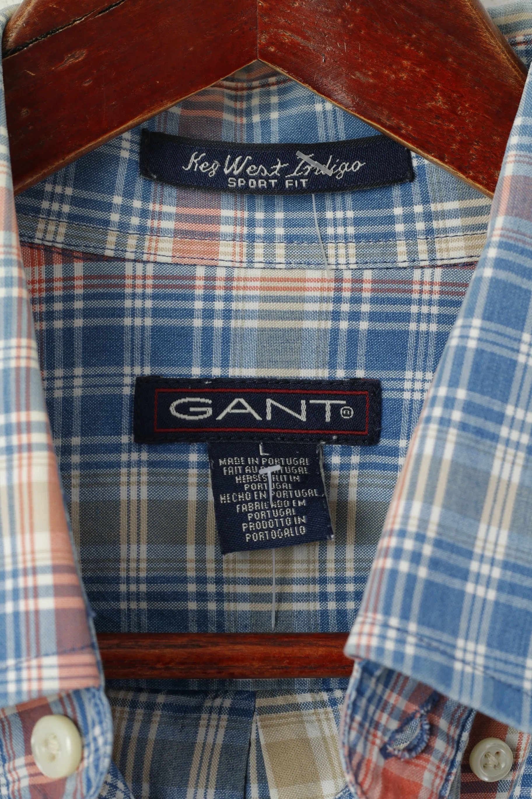 Gant Men L Casual Shirt Blue Check Key West Indigo Sport Fit Short Sleeve Top