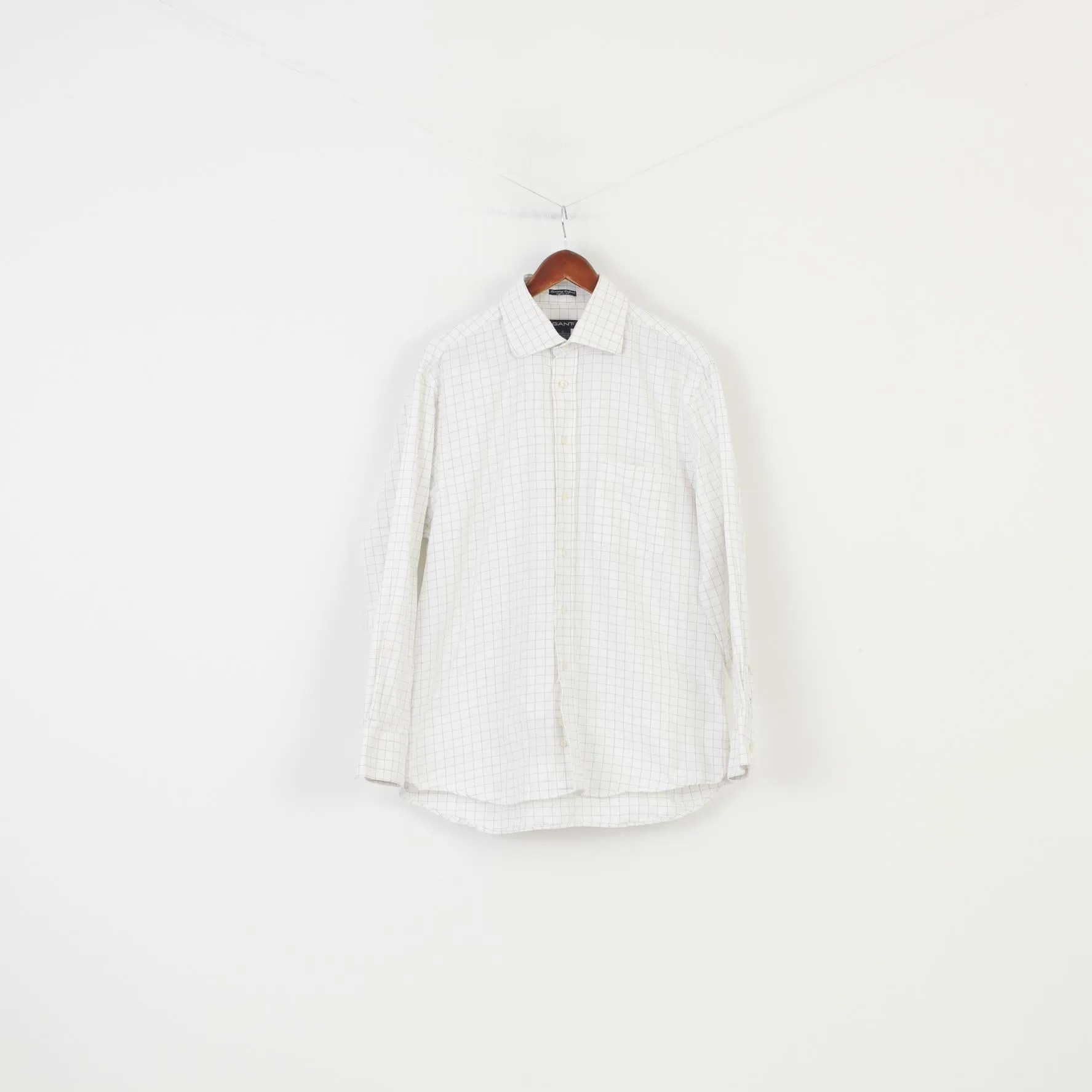 Gant Men L Casual Shirt Checkered Cream Fit Cotton Collar Long Sleeve Luxury Oxford Top