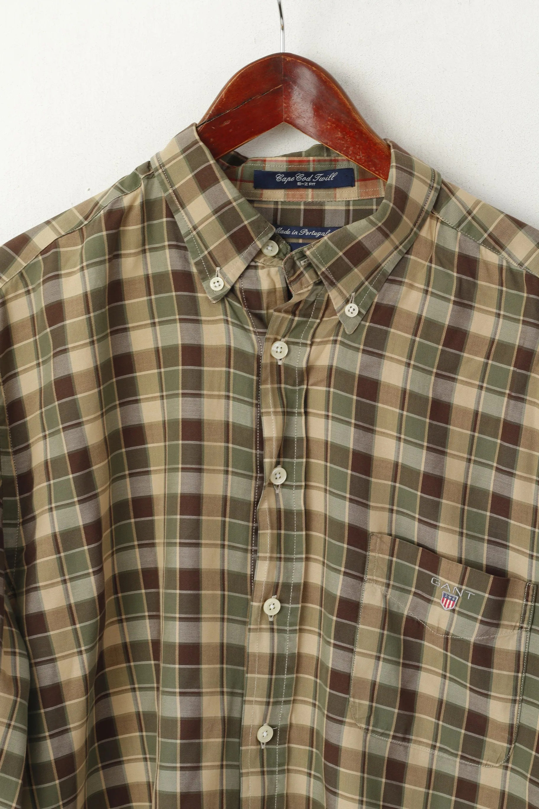 GANT Men L Casual Shirt Green Check Cotton Cape Cod Twill E-Z FIT Long Sleeve Top