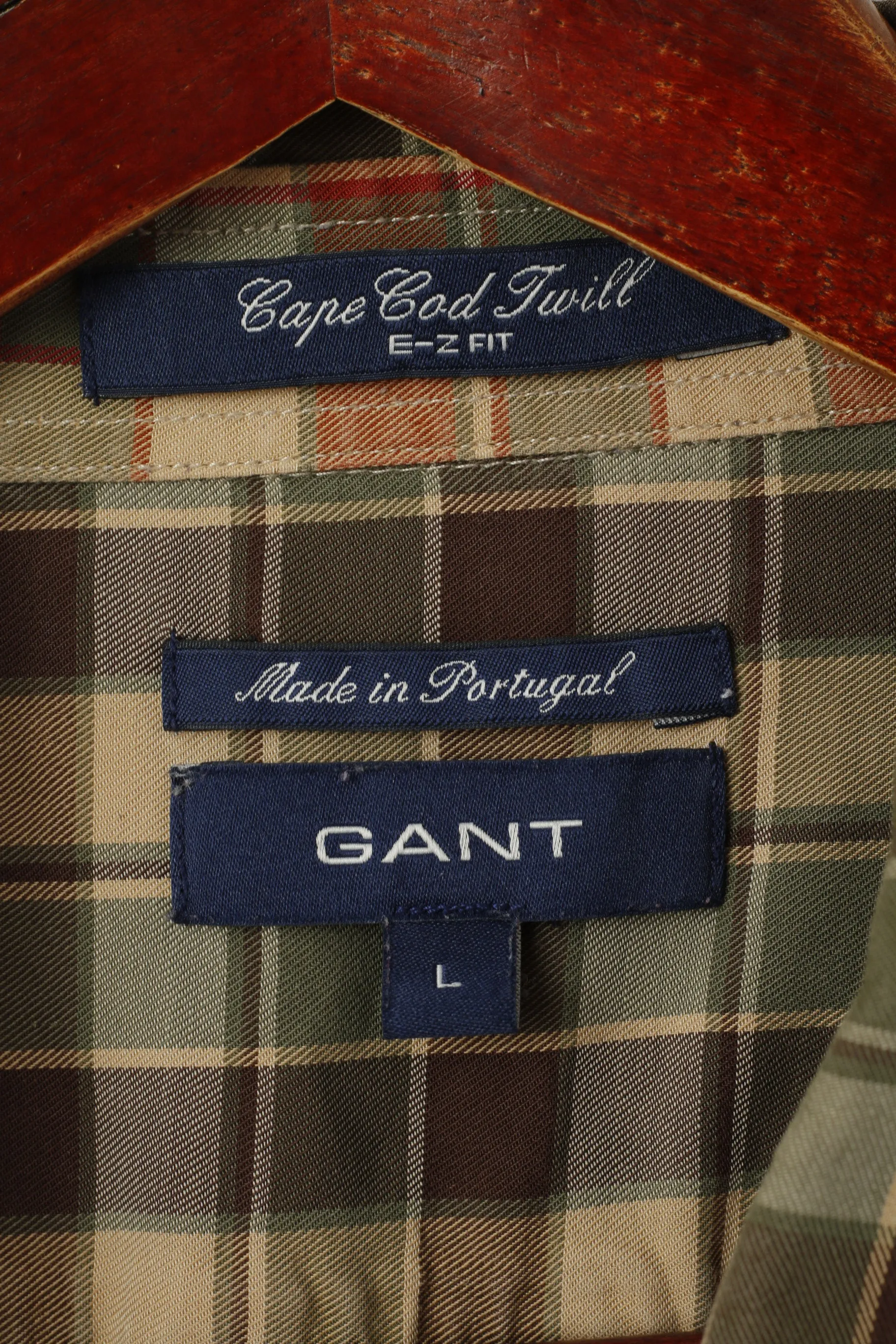 GANT Men L Casual Shirt Green Check Cotton Cape Cod Twill E-Z FIT Long Sleeve Top