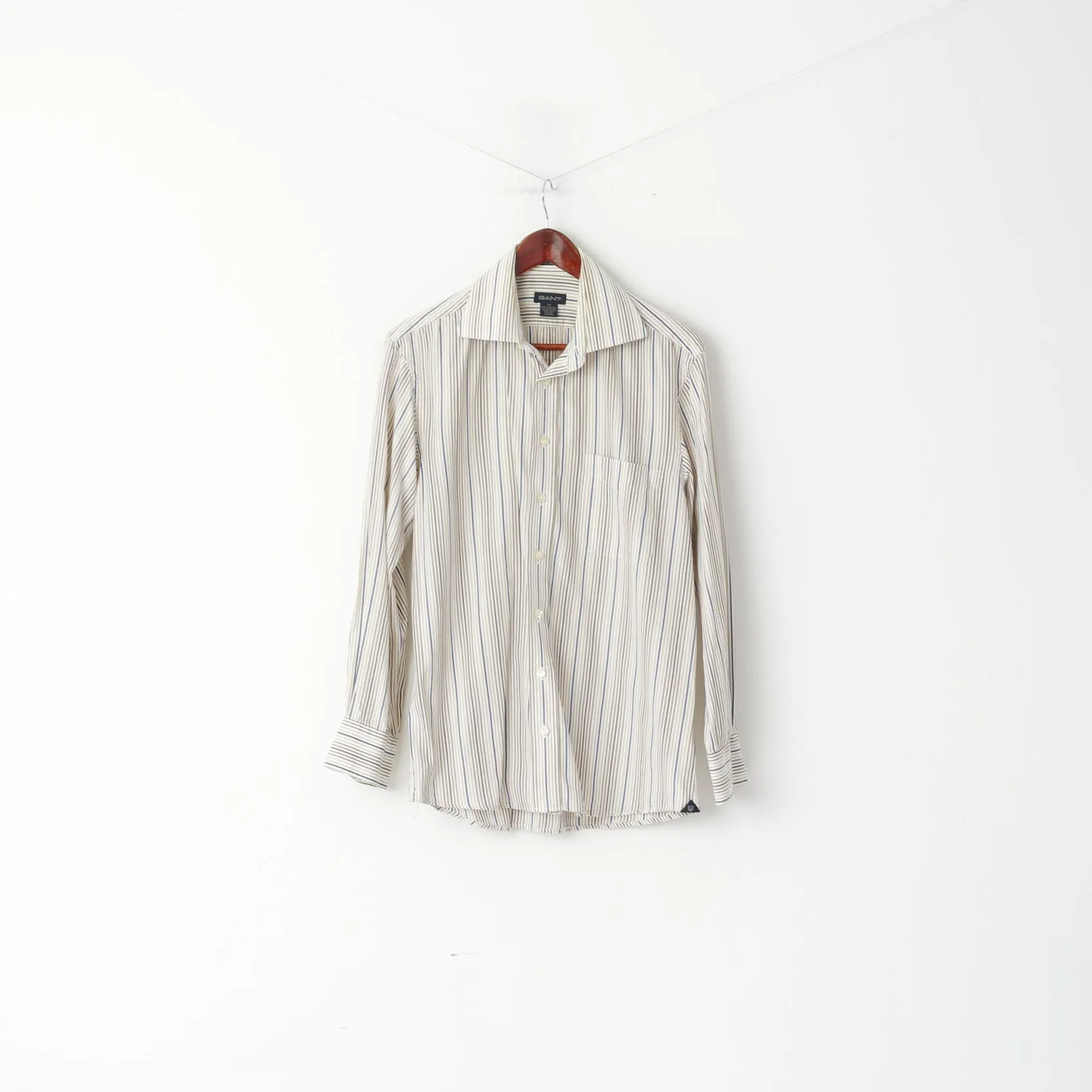 GANT Men M Casual Shirt Beige Striped 80's Two Ply Poplin Dress Fit Long Sleeve Top