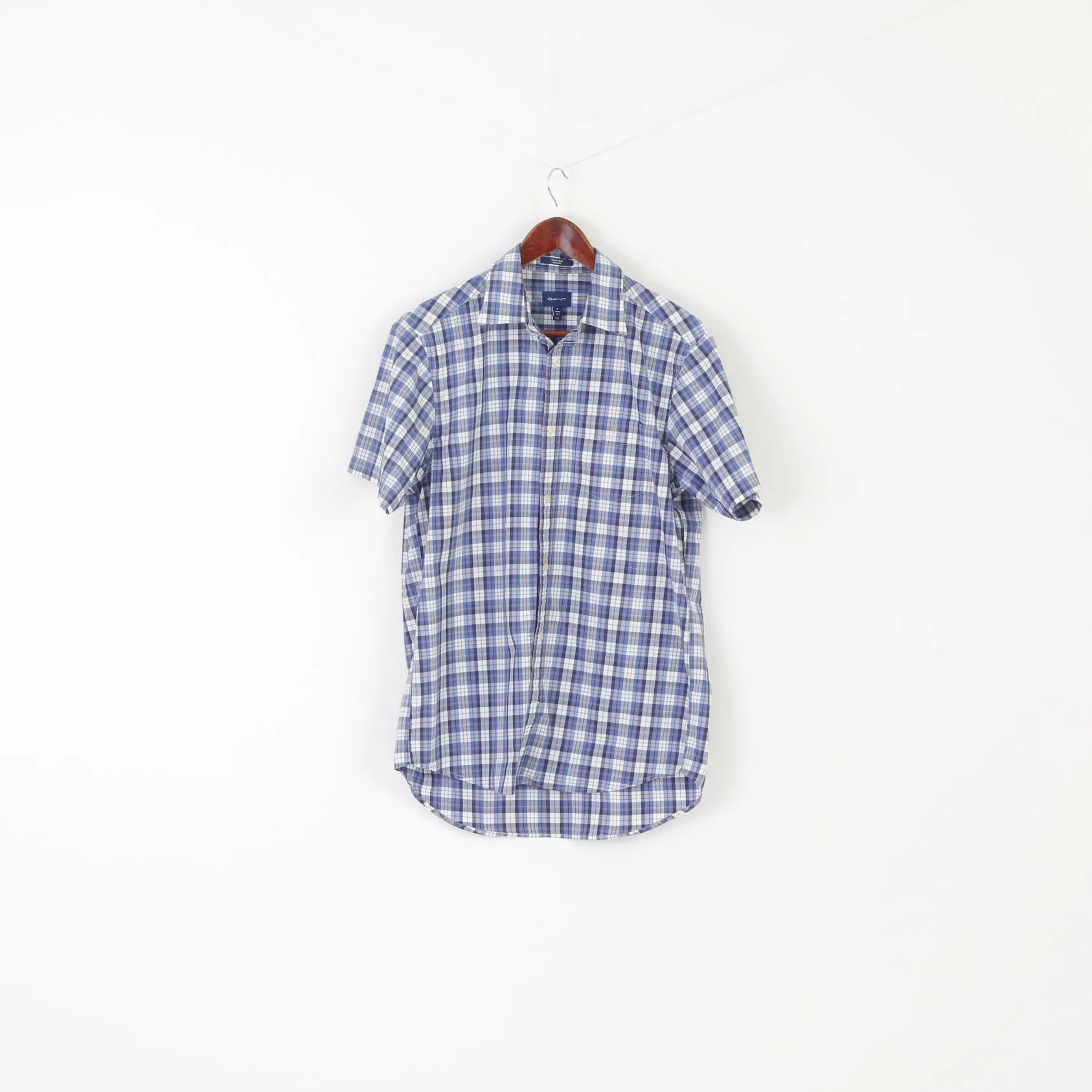 GANT Men M Casual Shirt Blue Check Cotton Short Sleeve Tech Prep Regular Top
