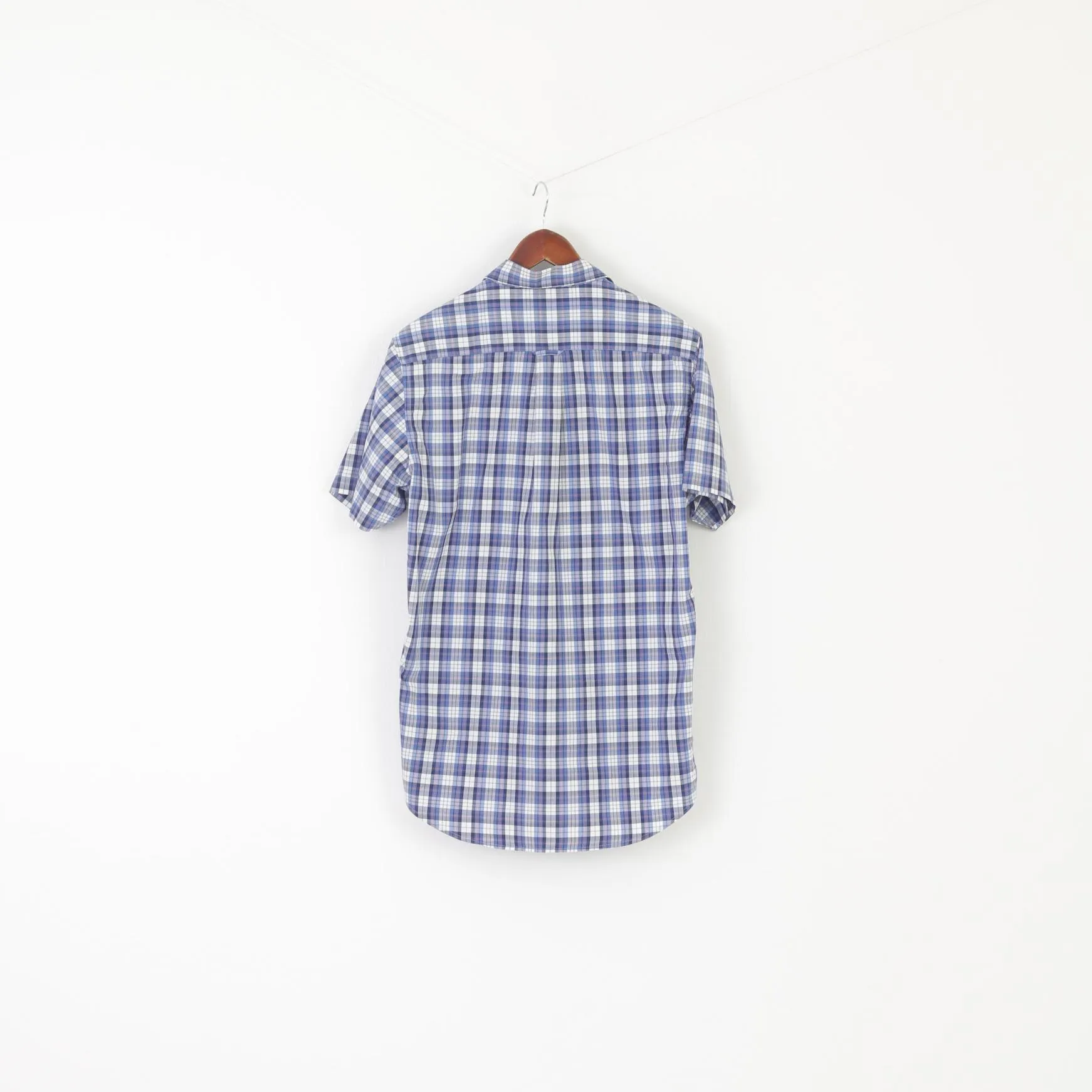 GANT Men M Casual Shirt Blue Check Cotton Short Sleeve Tech Prep Regular Top