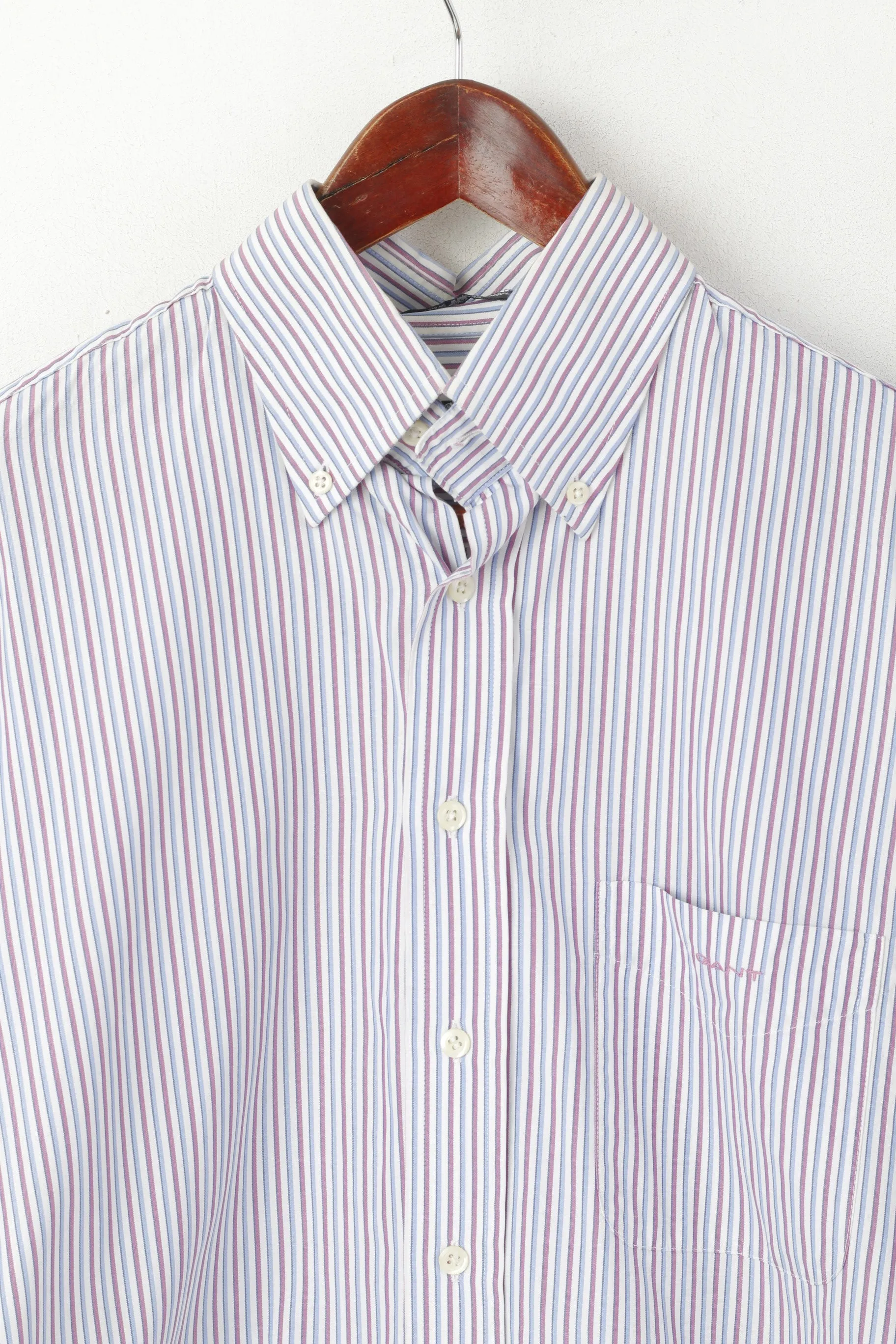 Gant Men M Casual Shirt White Blue Striped Cotton Key West Poplin Long Sleeve Top