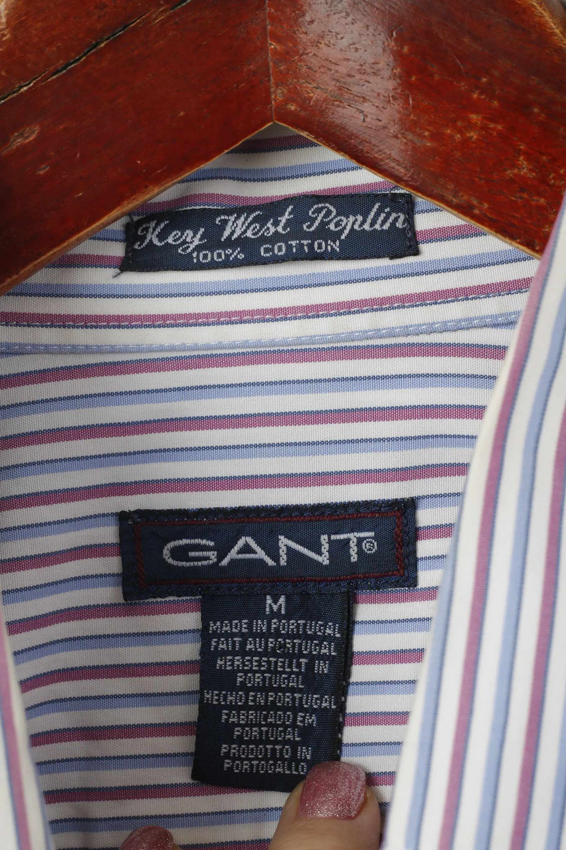 Gant Men M Casual Shirt White Blue Striped Cotton Key West Poplin Long Sleeve Top