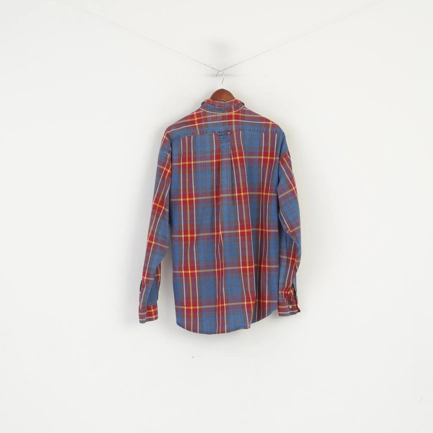 Gant Men XL Casual Shirt Red Faded Check Indigo Cotton Western Vintage Long Sleeve Top
