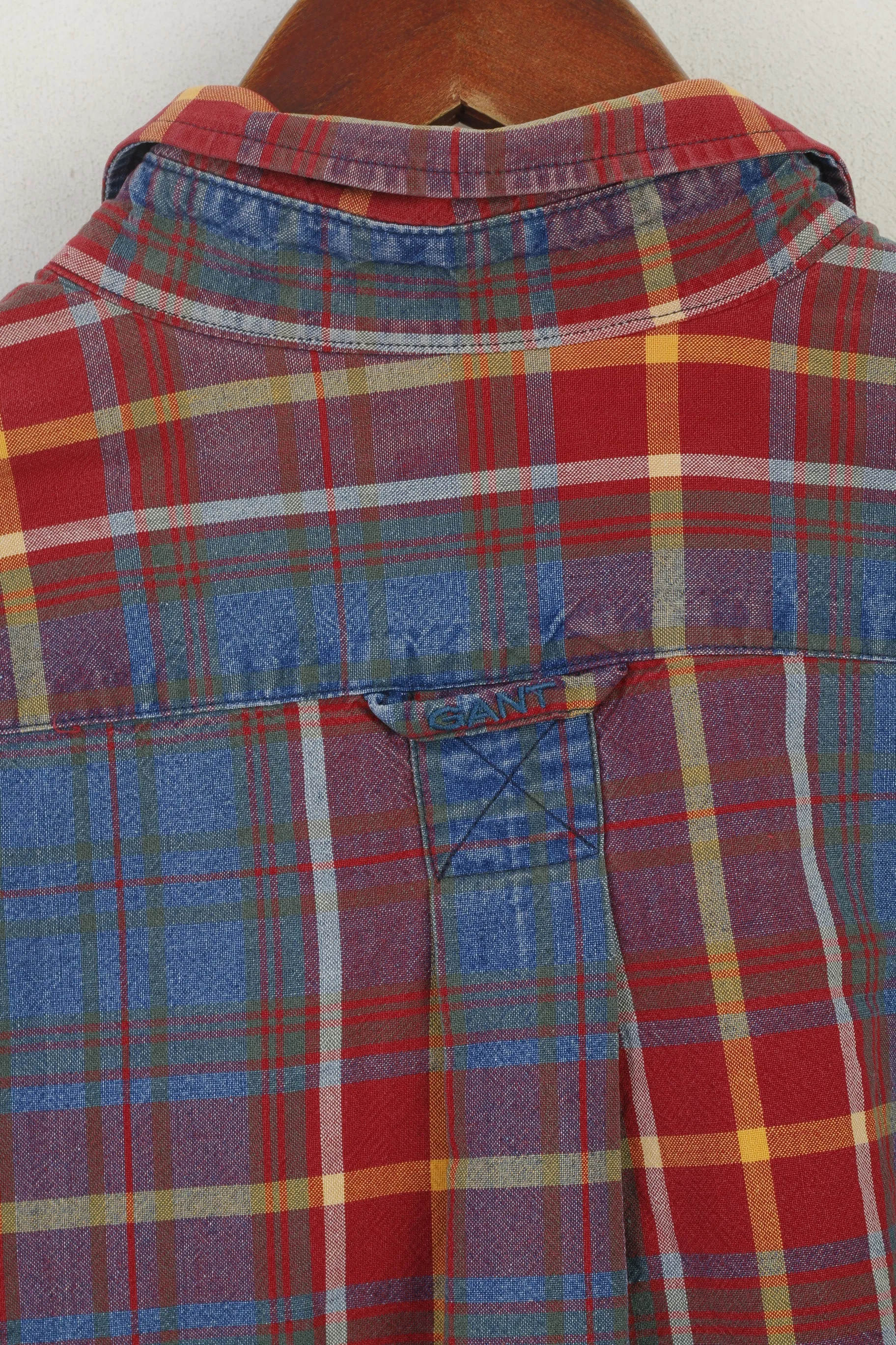 Gant Men XL Casual Shirt Red Faded Check Indigo Cotton Western Vintage Long Sleeve Top