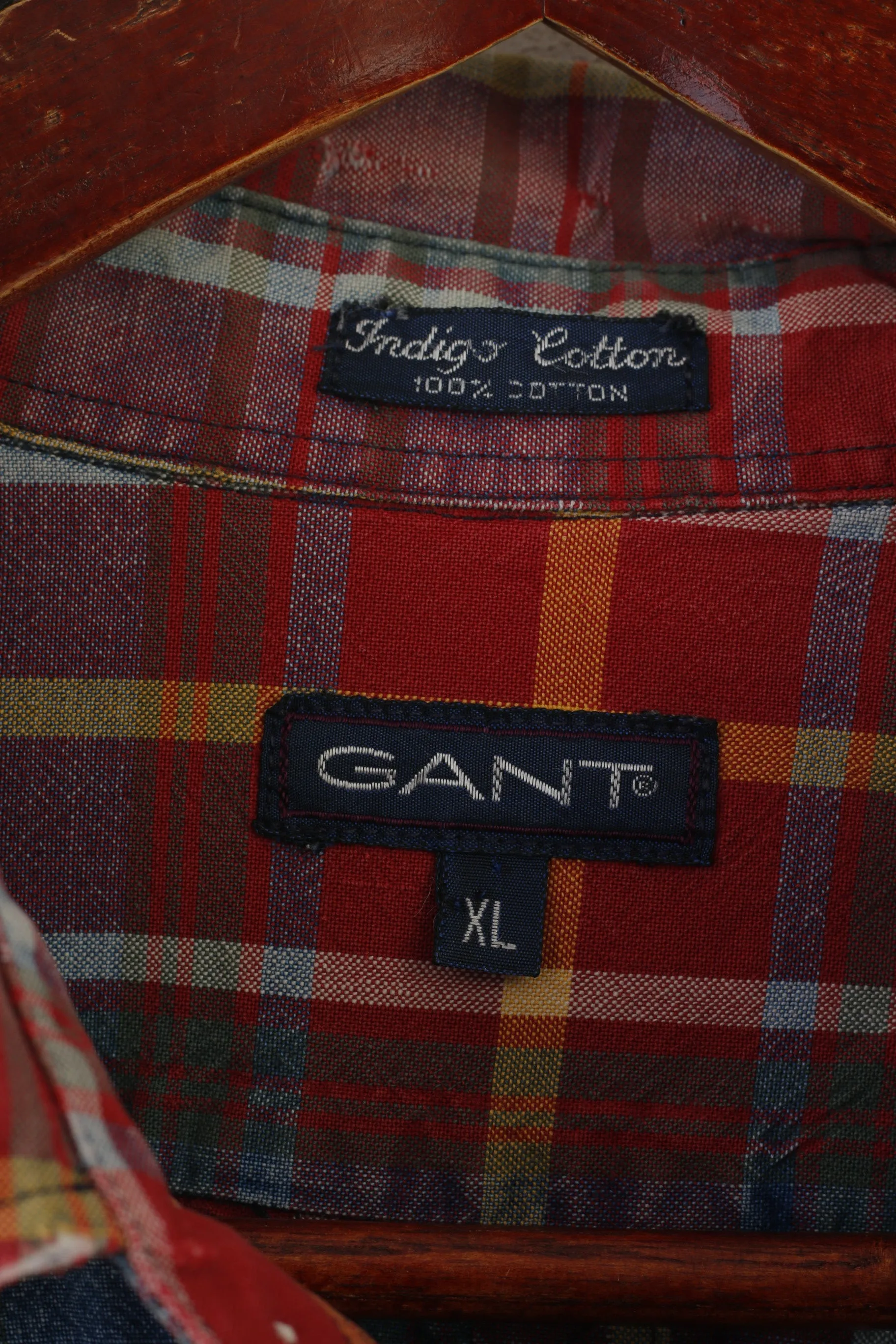 Gant Men XL Casual Shirt Red Faded Check Indigo Cotton Western Vintage Long Sleeve Top