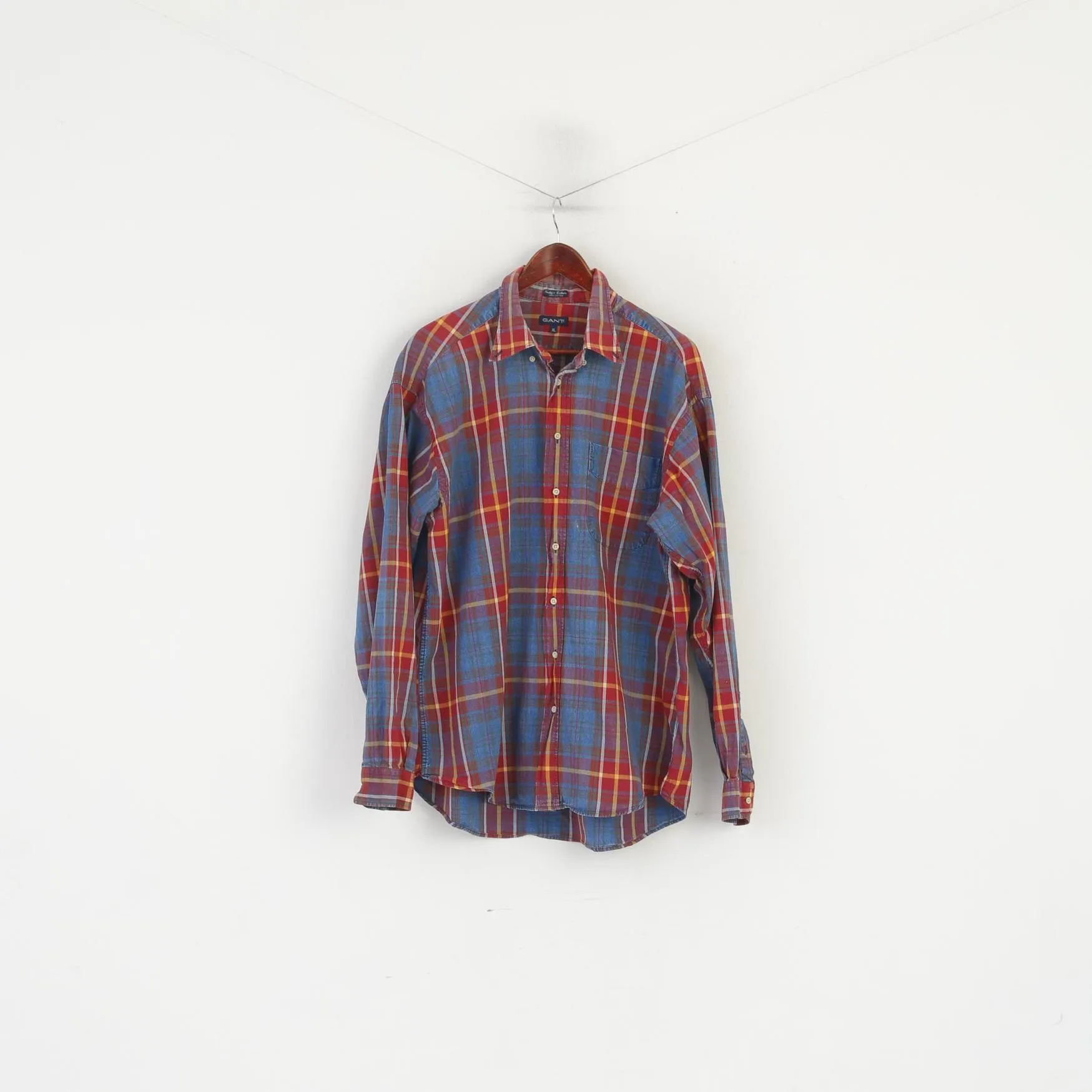 Gant Men XL Casual Shirt Red Faded Check Indigo Cotton Western Vintage Long Sleeve Top