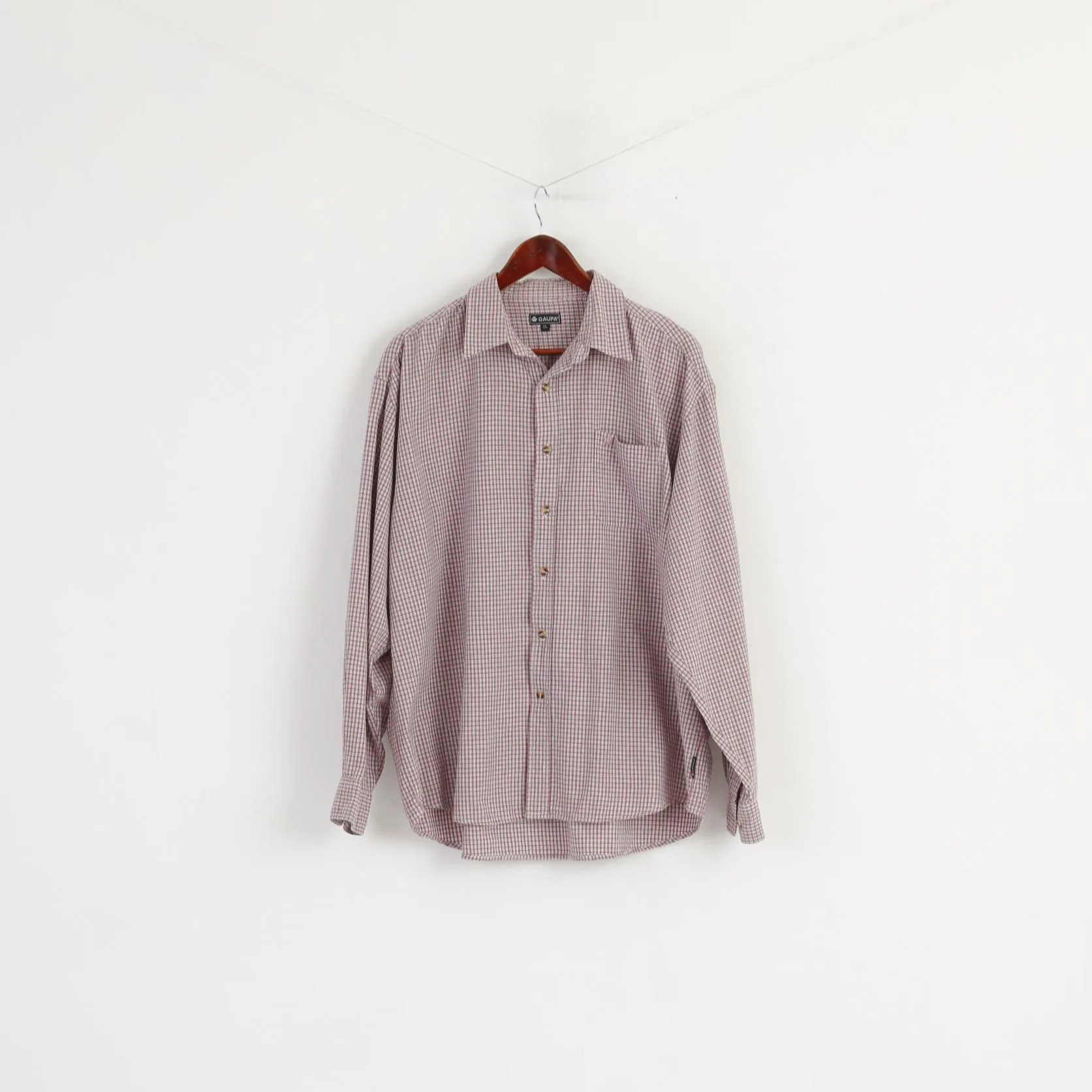 GAUPA Men XL Casual Shirt Red Check Cotton Outdoor Pocket Long Sleeve Top