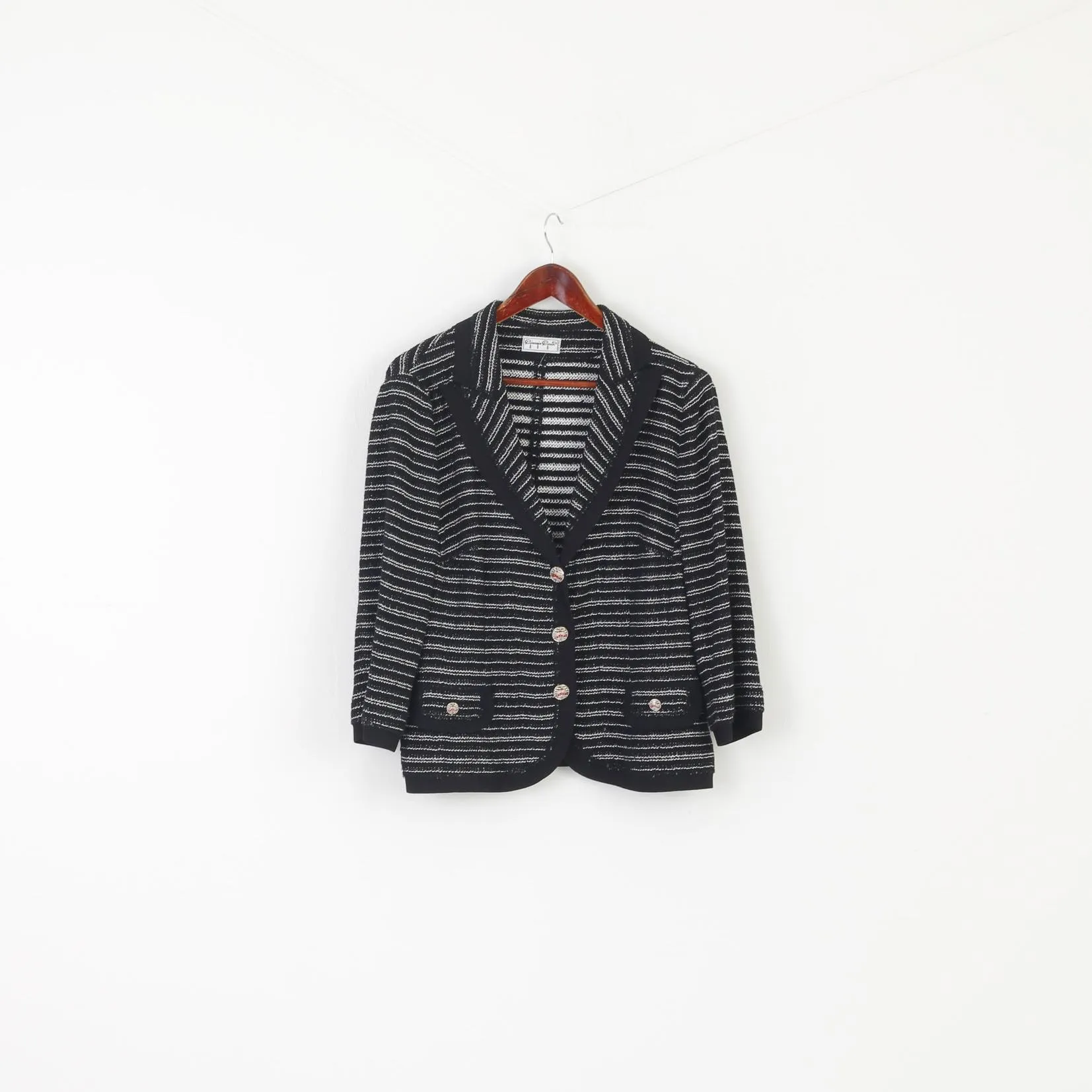 Giorgio Grati Women 52 XL Cardigan Black Striped Yacht Silver Buttons Italy Sweater