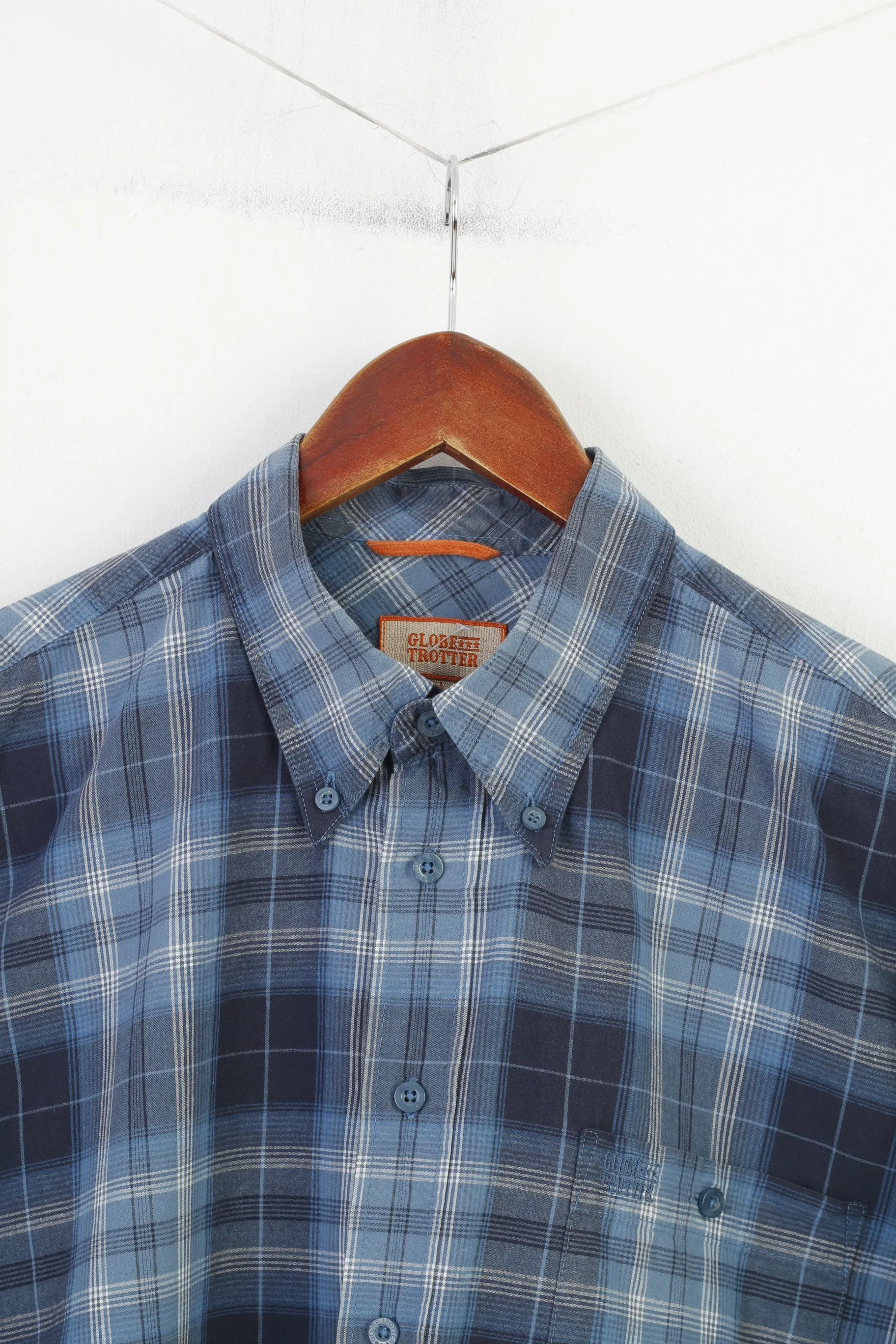 Globetrotter Men L 4142 Casual Shirt Checkered  Down Collar Blue Long Sleeve Cotton Top