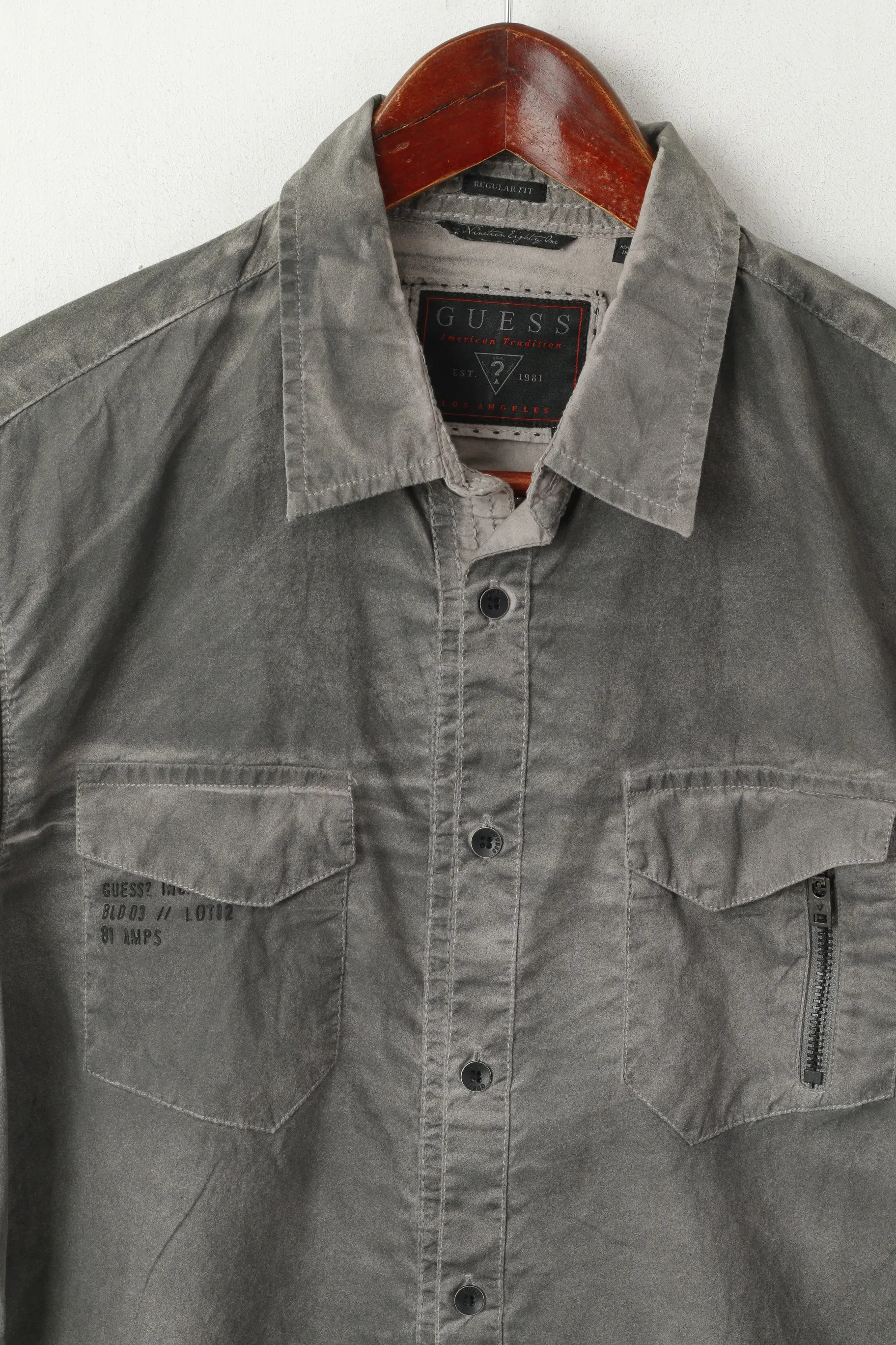 Guess Men XS Casual Shirt Gray Regular Fit Washed Look Long Sleeve Top