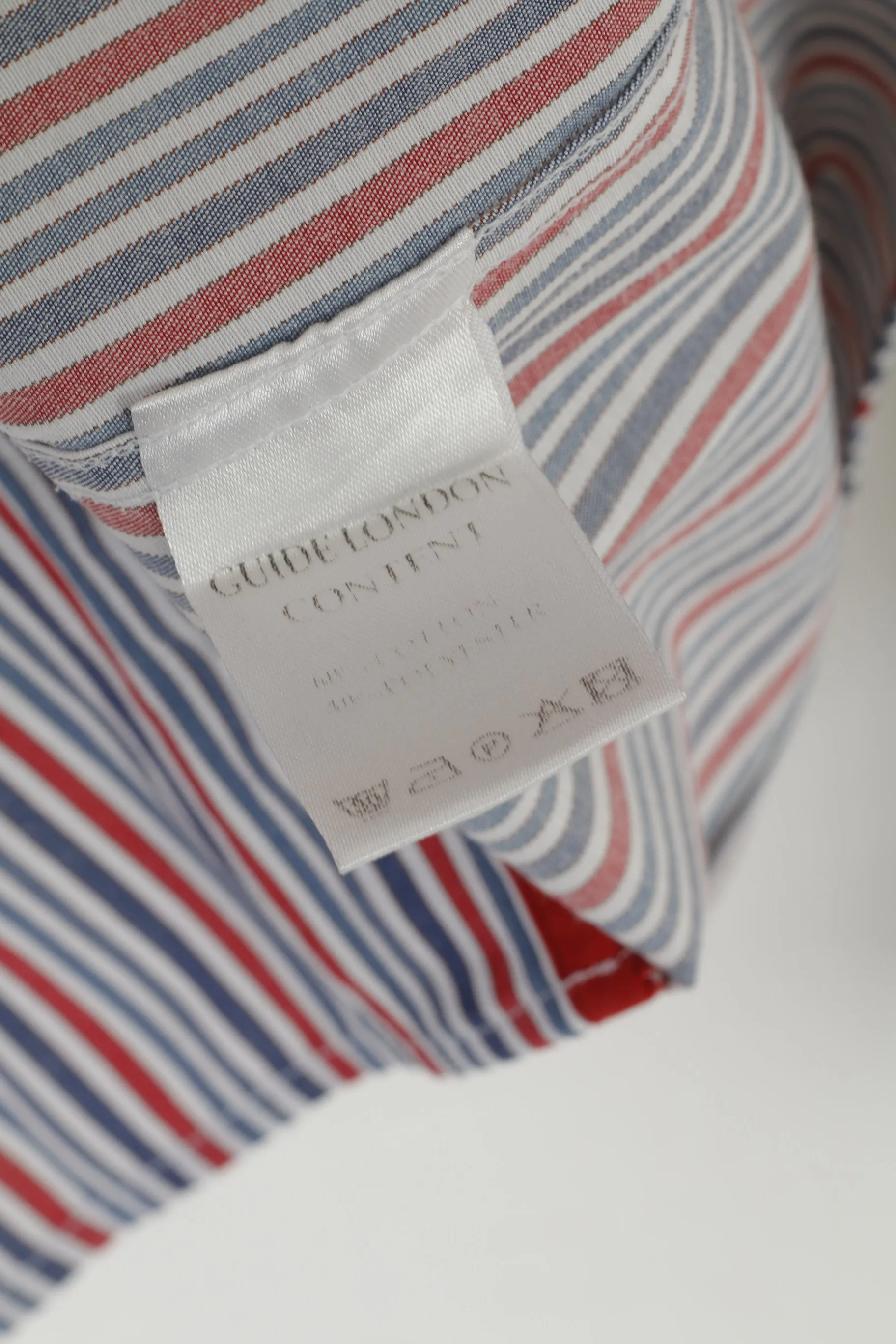 Guide London Men 41 16 M Casual Shirt Red Blue Striped Cotton Long Sleeve Top