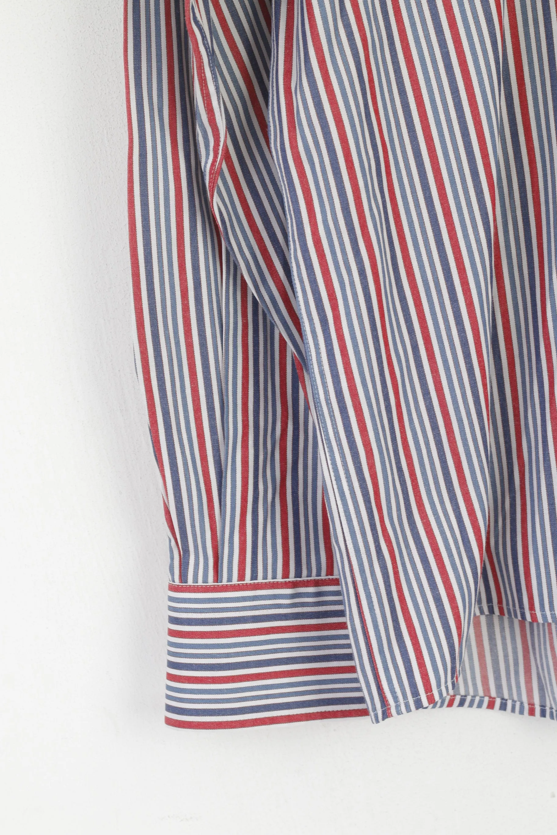 Guide London Men 41 16 M Casual Shirt Red Blue Striped Cotton Long Sleeve Top