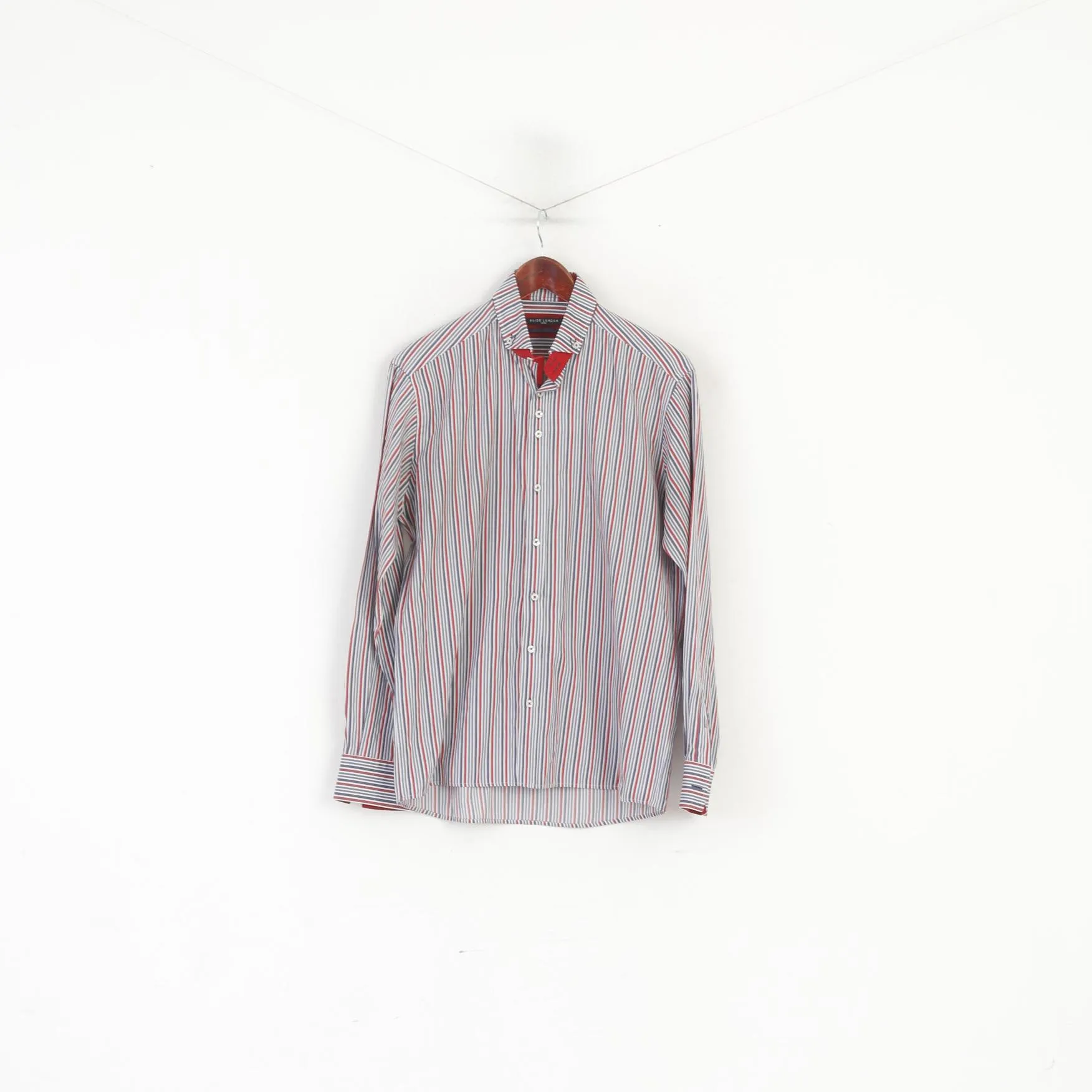 Guide London Men 41 16 M Casual Shirt Red Blue Striped Cotton Long Sleeve Top