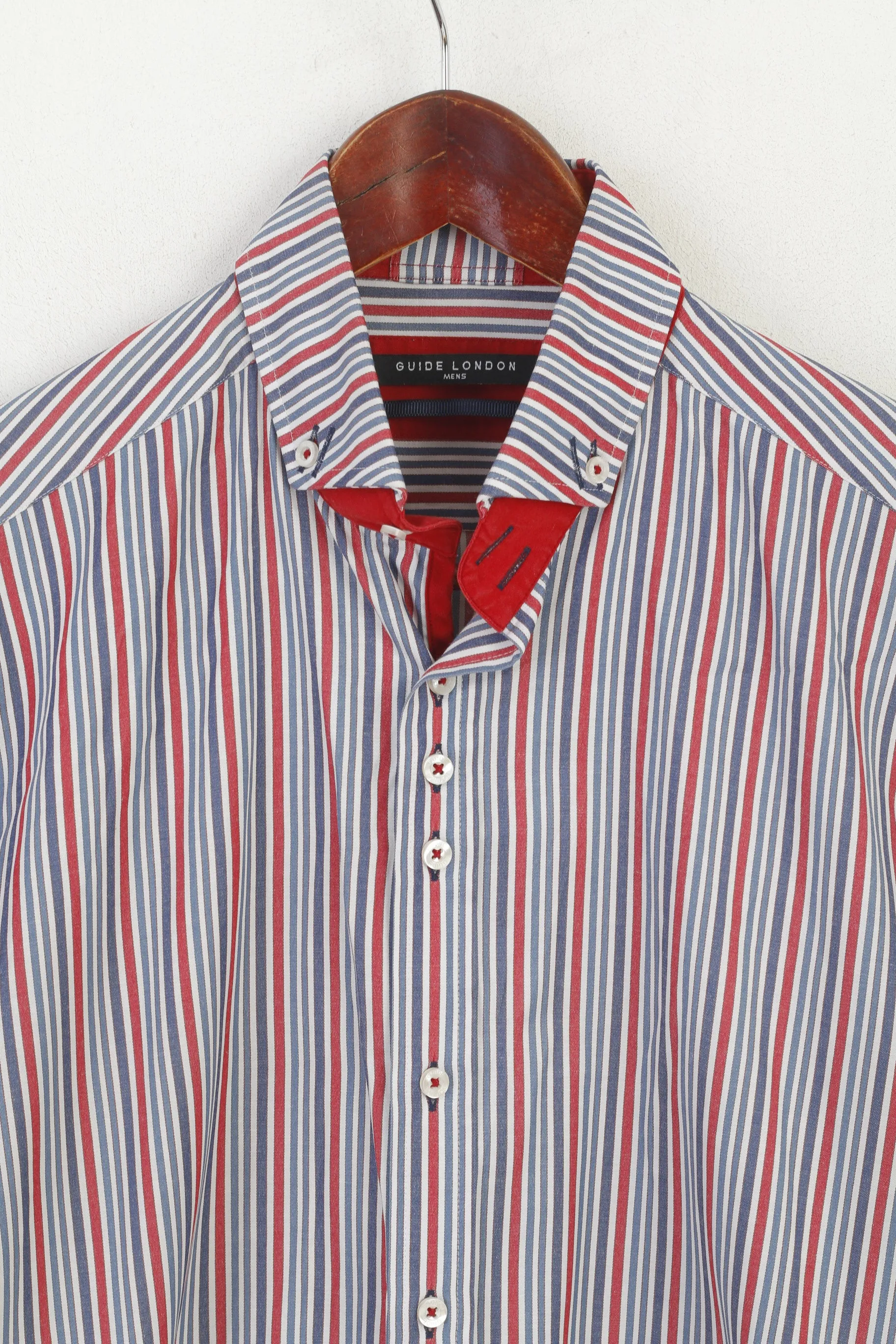 Guide London Men 41 16 M Casual Shirt Red Blue Striped Cotton Long Sleeve Top