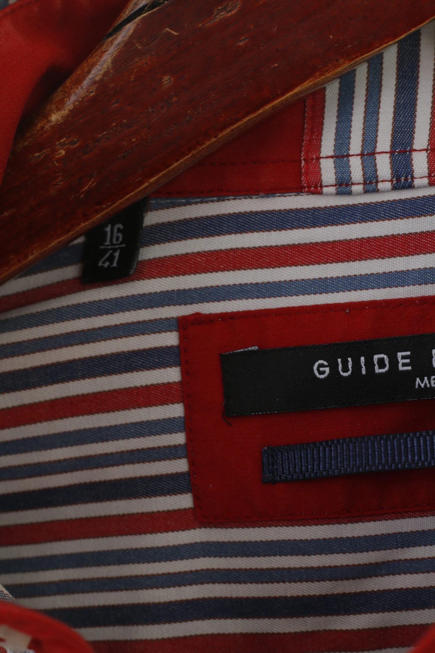 Guide London Men 41 16 M Casual Shirt Red Blue Striped Cotton Long Sleeve Top