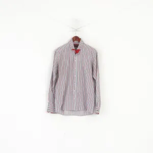 Guide London Men 41 16 M Casual Shirt Red Blue Striped Cotton Long Sleeve Top