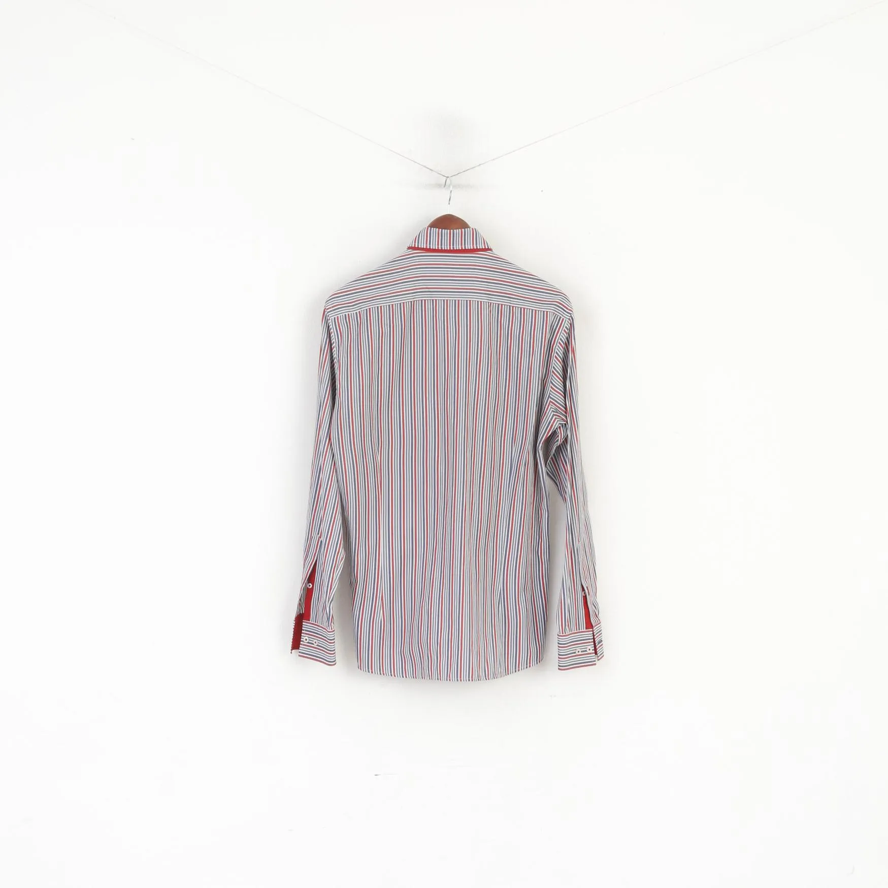 Guide London Men 41 16 M Casual Shirt Red Blue Striped Cotton Long Sleeve Top