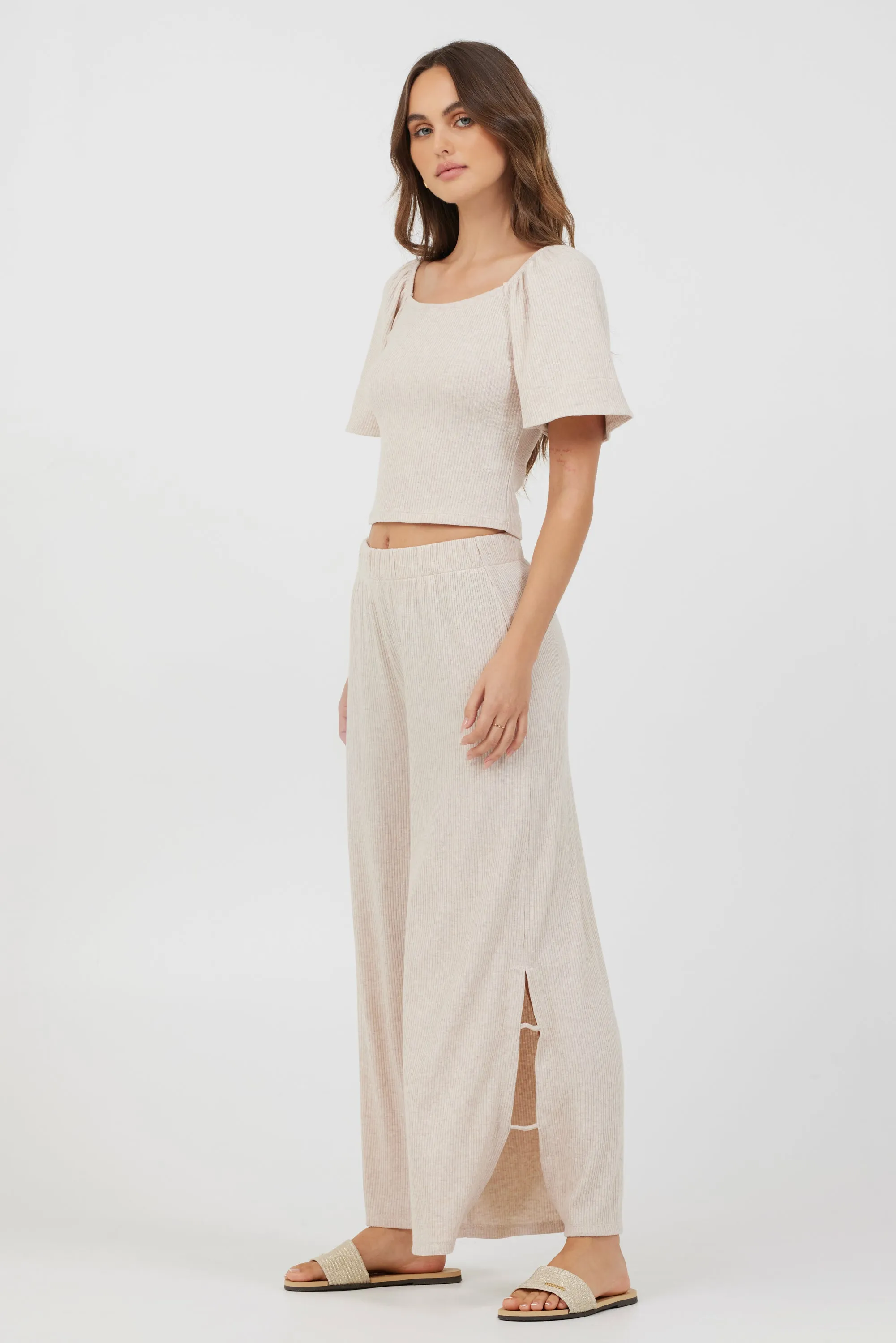 Heather Oatmeal Drapey Knit Cut Out Pants