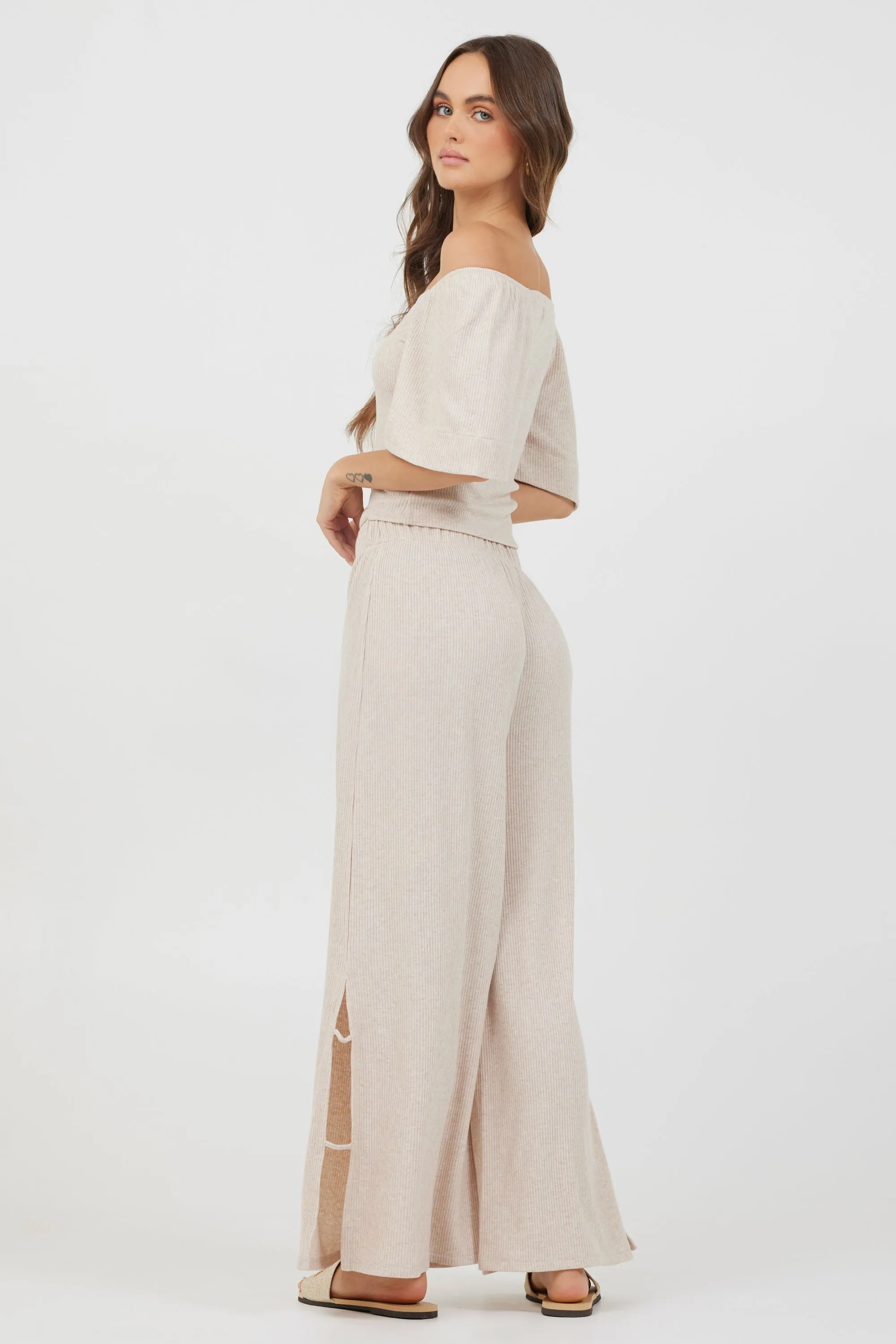 Heather Oatmeal Drapey Knit Cut Out Pants